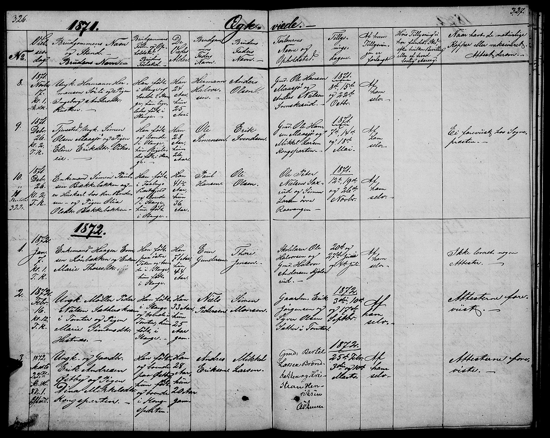 Stange prestekontor, SAH/PREST-002/L/L0005: Parish register (copy) no. 5, 1861-1881, p. 326-327