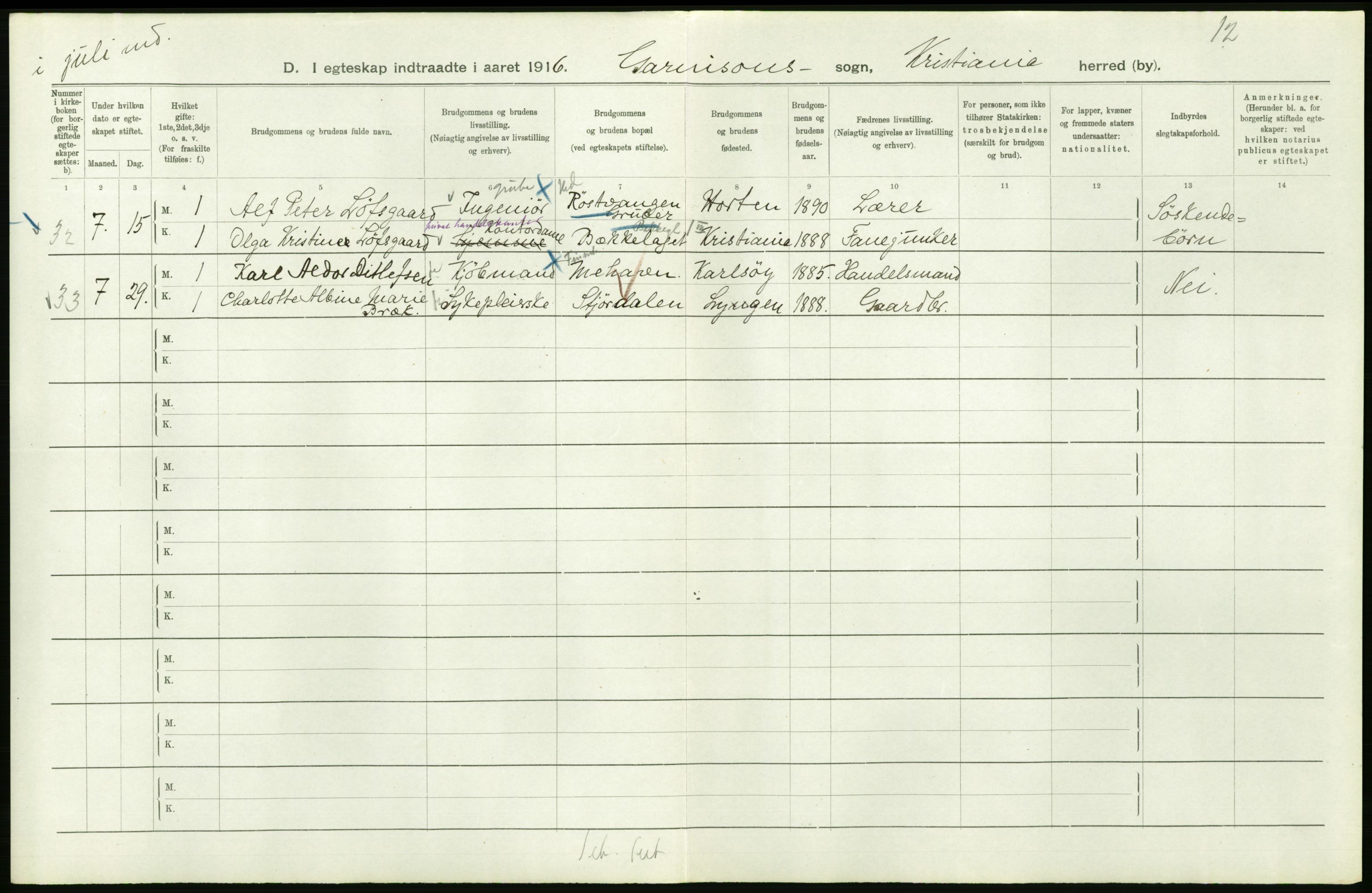 Statistisk sentralbyrå, Sosiodemografiske emner, Befolkning, AV/RA-S-2228/D/Df/Dfb/Dfbf/L0008: Kristiania: Gifte, 1916, p. 936