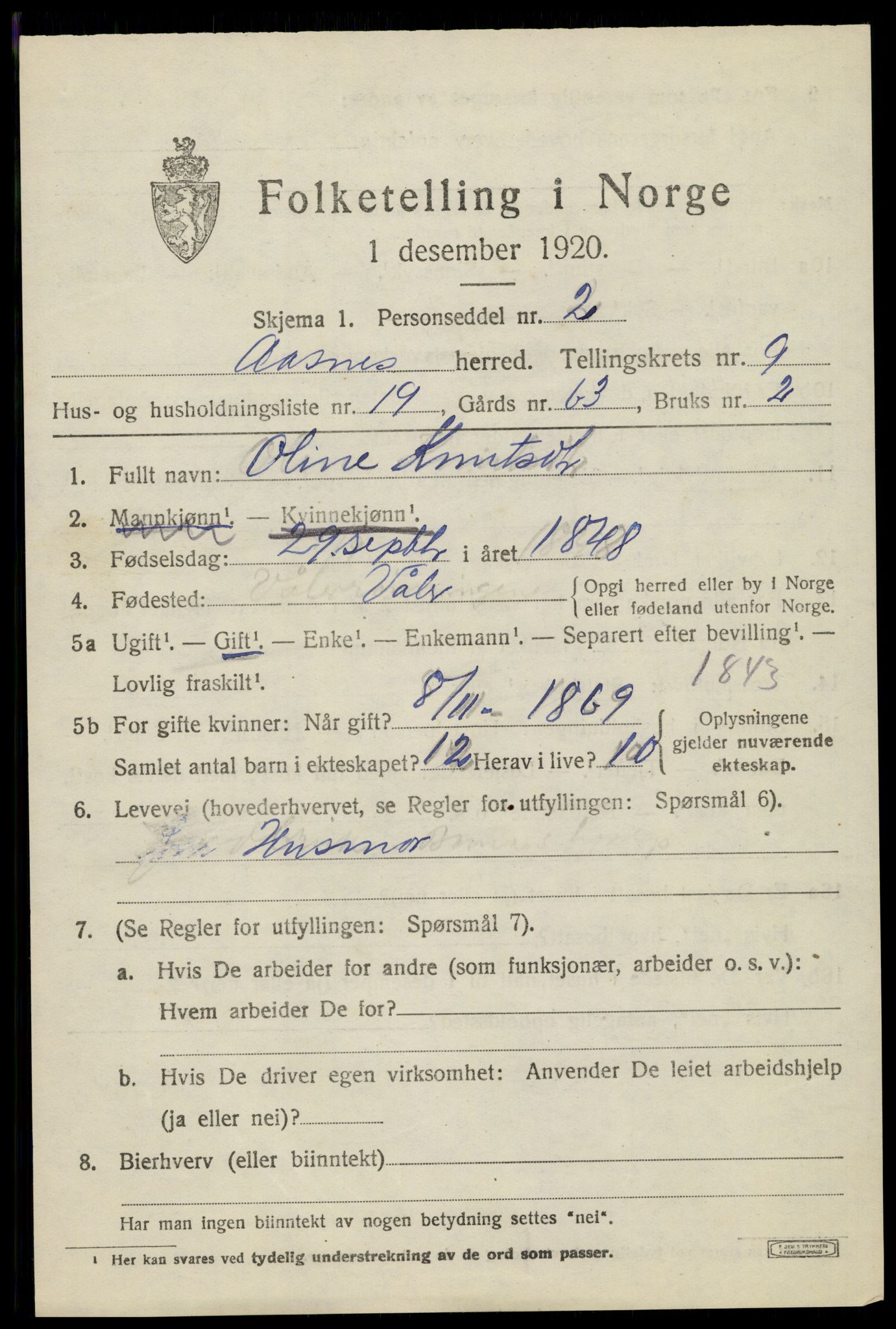 SAH, 1920 census for Åsnes, 1920, p. 10050