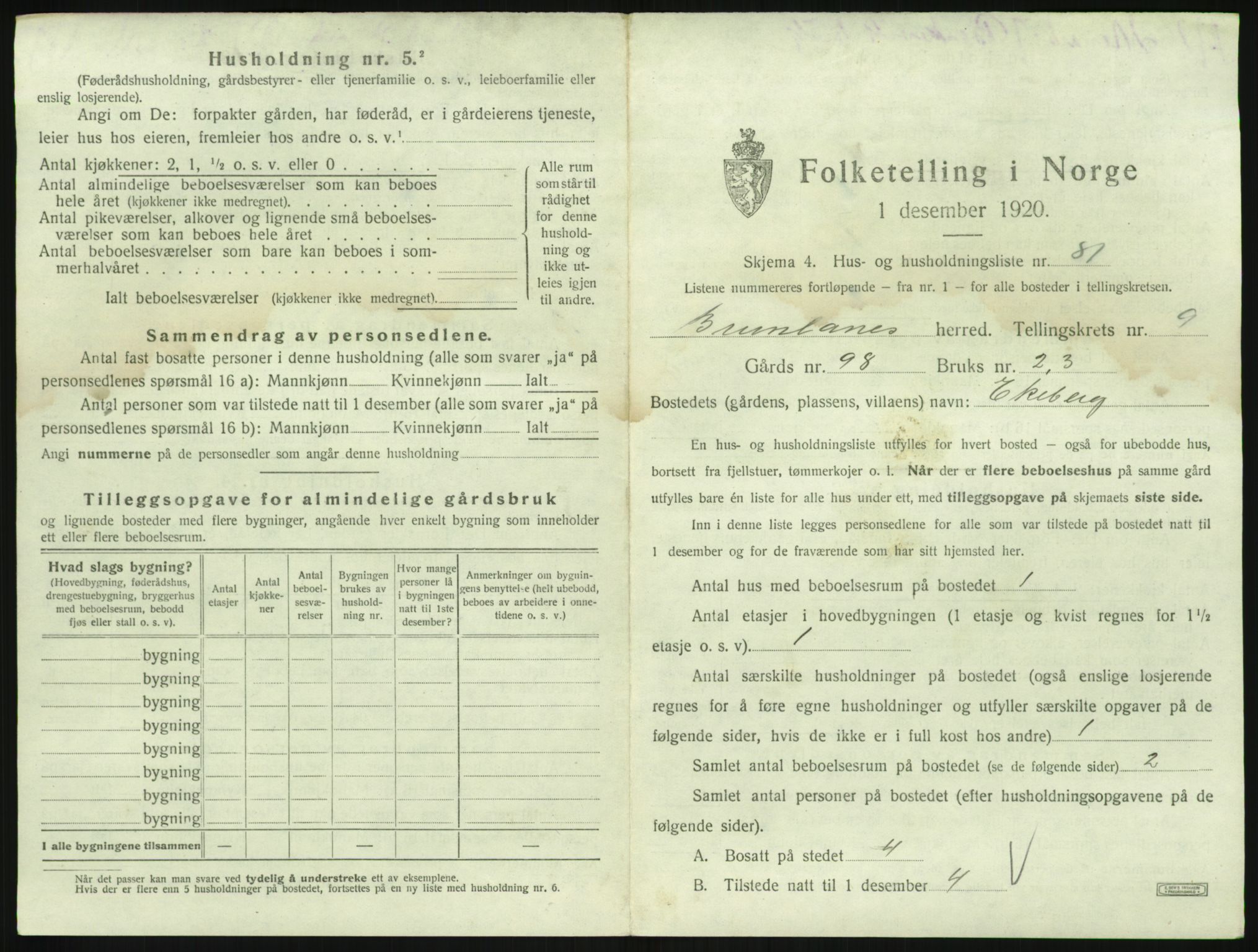 SAKO, 1920 census for Brunlanes, 1920, p. 1241