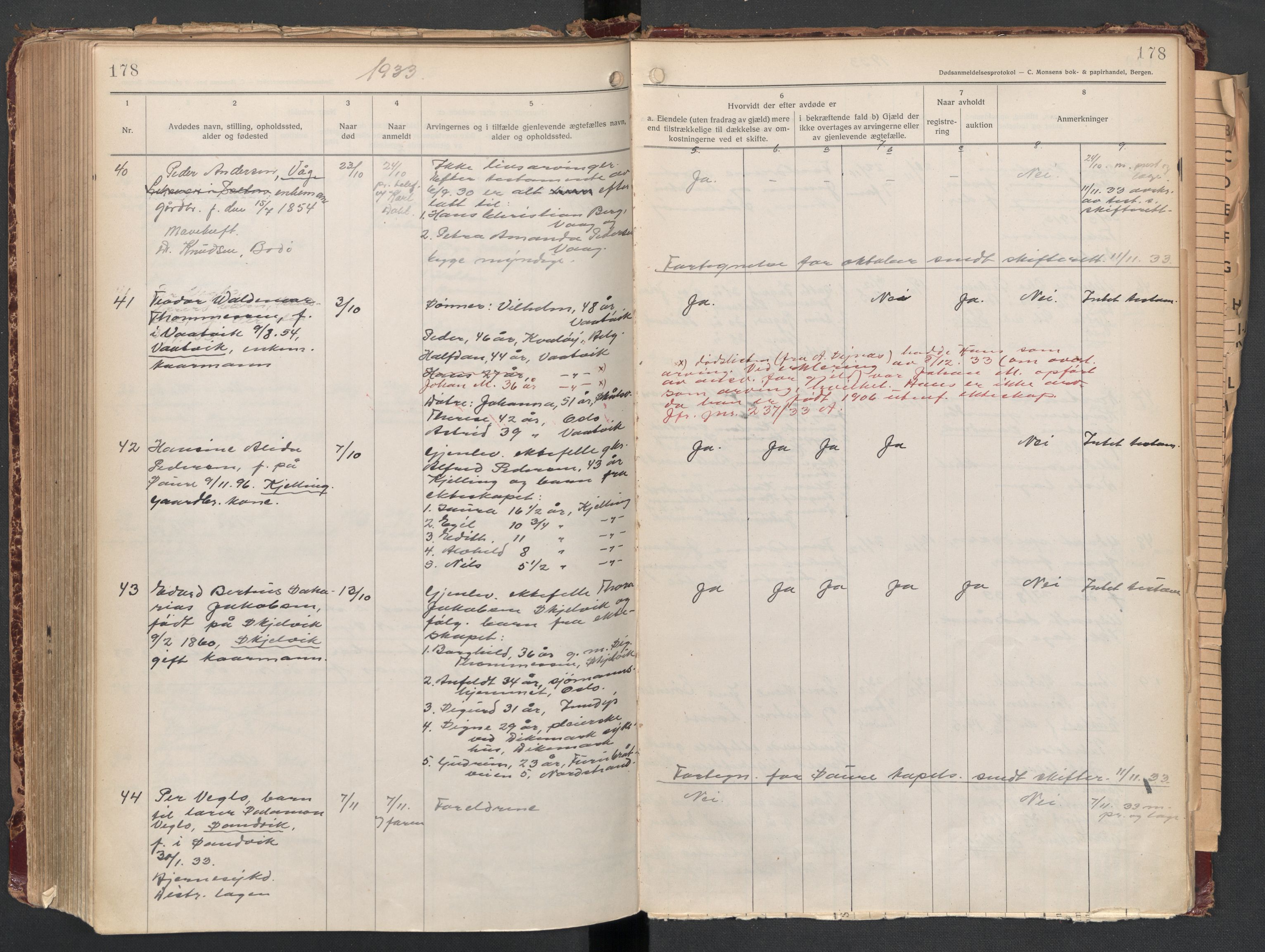 Gildeskål lensmannskontor, AV/SAT-A-4368/1/02/L0008: 2.01.08 - Dødsfallsprotokoll, 1917-1934, p. 178