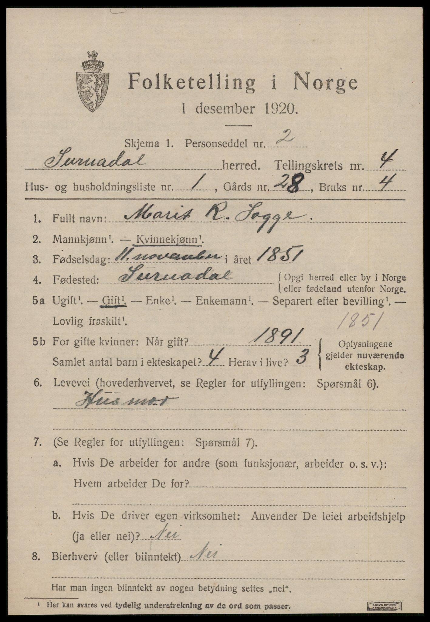 SAT, 1920 census for Surnadal, 1920, p. 3103