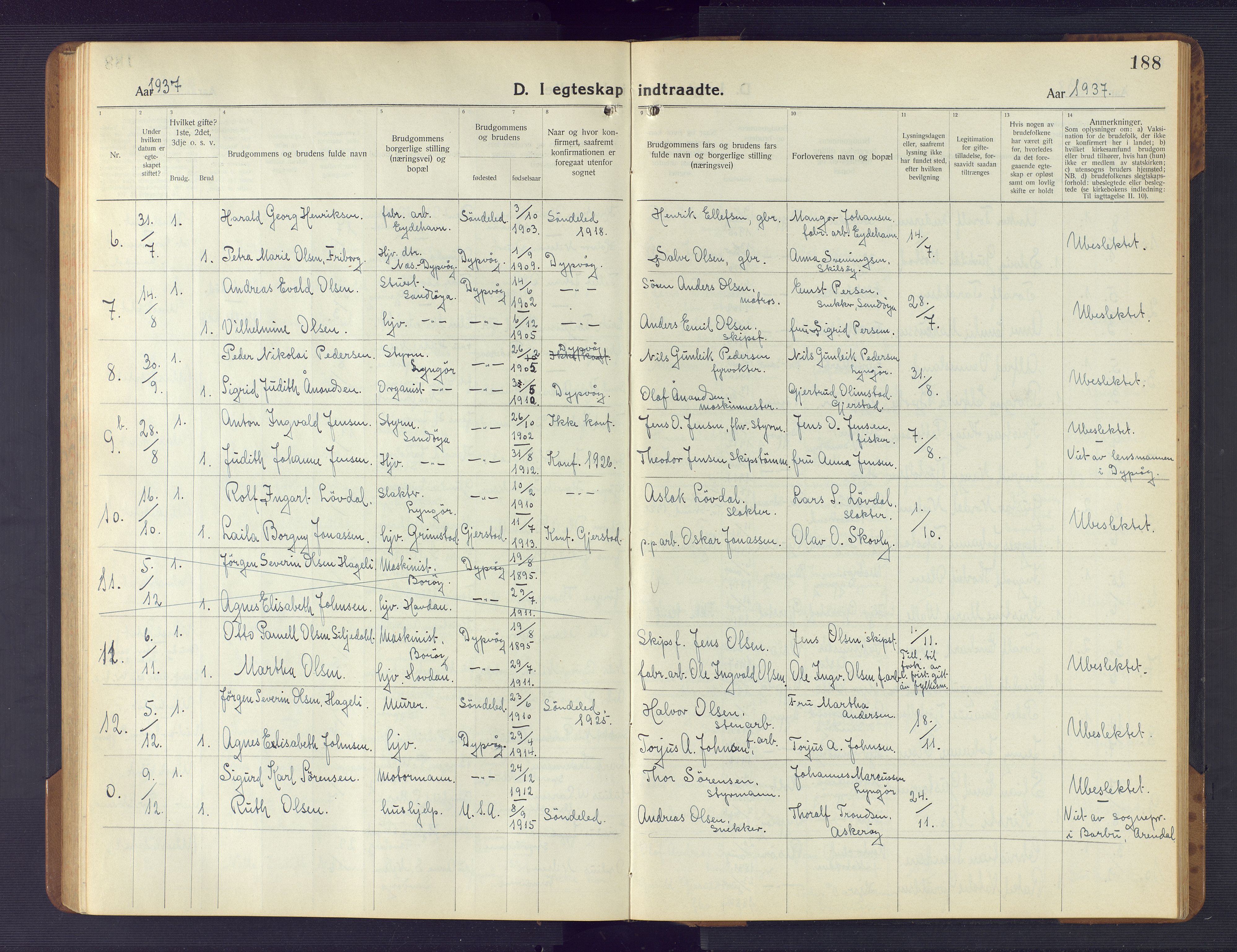 Dypvåg sokneprestkontor, AV/SAK-1111-0007/F/Fb/Fba/L0015: Parish register (copy) no. B 15, 1922-1949, p. 188