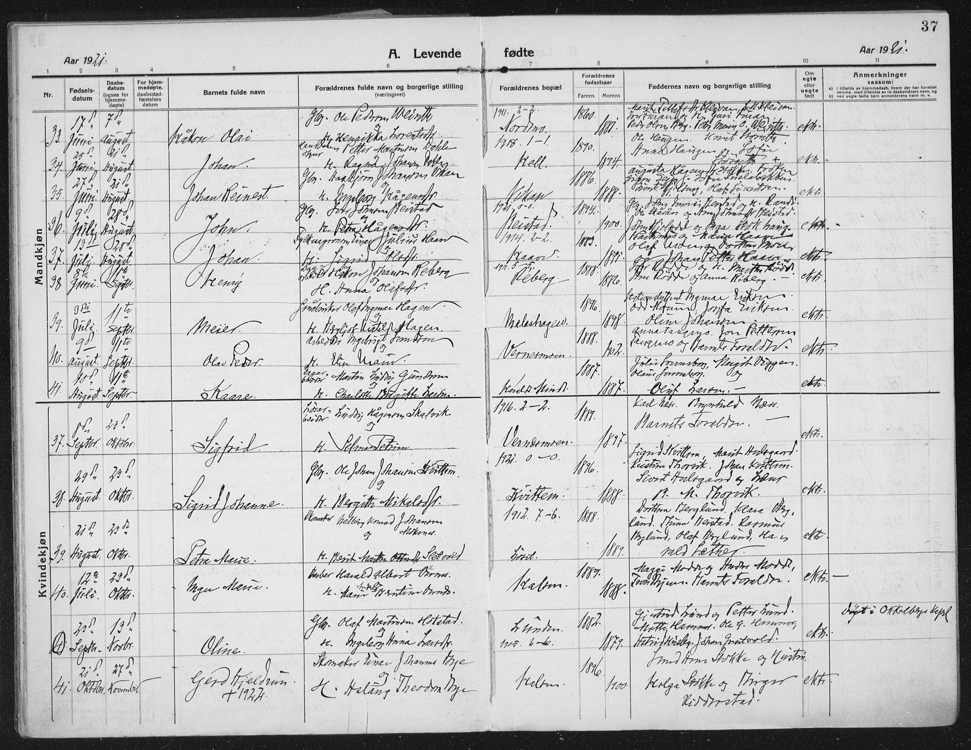 Ministerialprotokoller, klokkerbøker og fødselsregistre - Nord-Trøndelag, SAT/A-1458/709/L0083: Parish register (official) no. 709A23, 1916-1928, p. 37
