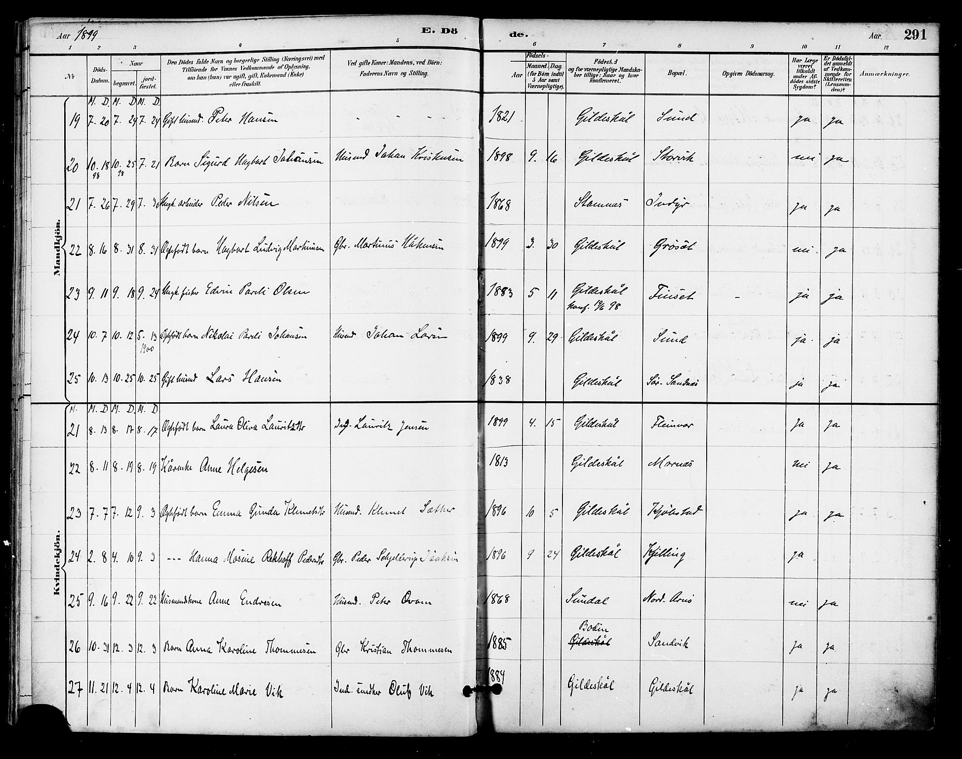 Ministerialprotokoller, klokkerbøker og fødselsregistre - Nordland, AV/SAT-A-1459/805/L0101: Parish register (official) no. 805A07, 1892-1899, p. 291