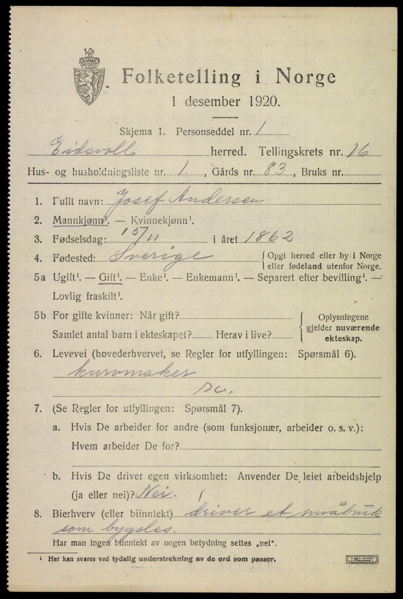 SAO, 1920 census for Eidsvoll, 1920, p. 22663