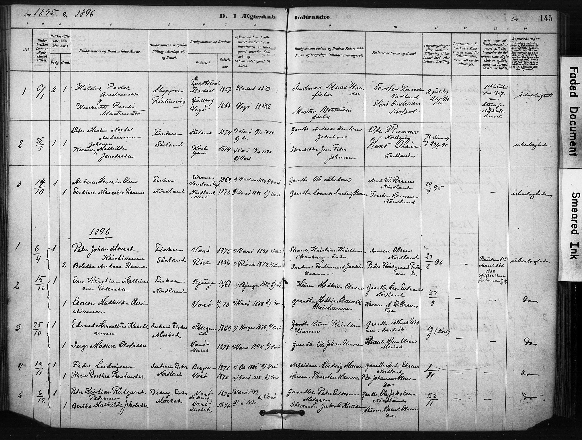 Ministerialprotokoller, klokkerbøker og fødselsregistre - Nordland, AV/SAT-A-1459/807/L0122: Parish register (official) no. 807A05, 1880-1902, p. 145