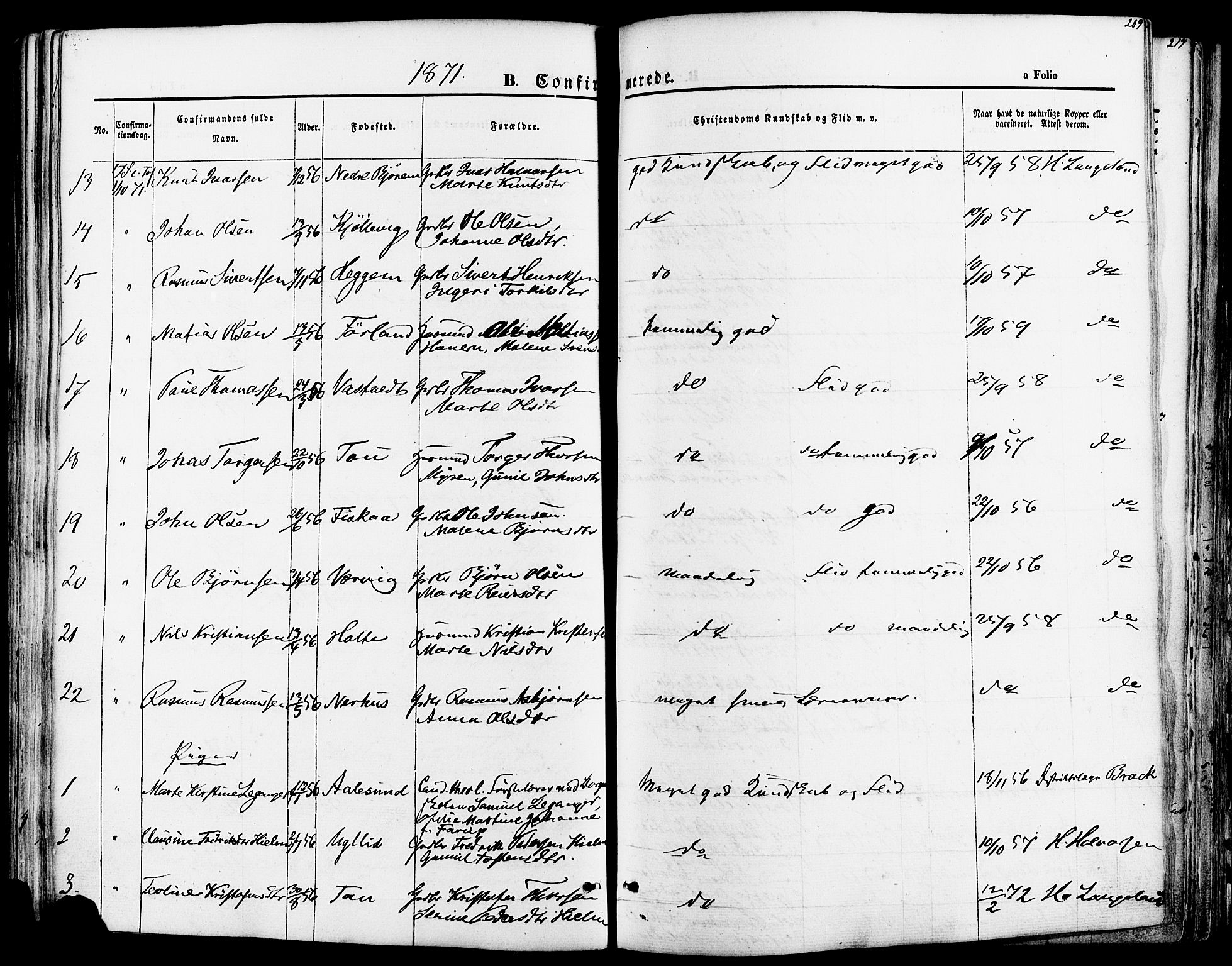 Strand sokneprestkontor, AV/SAST-A-101828/H/Ha/Haa/L0007: Parish register (official) no. A 7, 1855-1881, p. 209