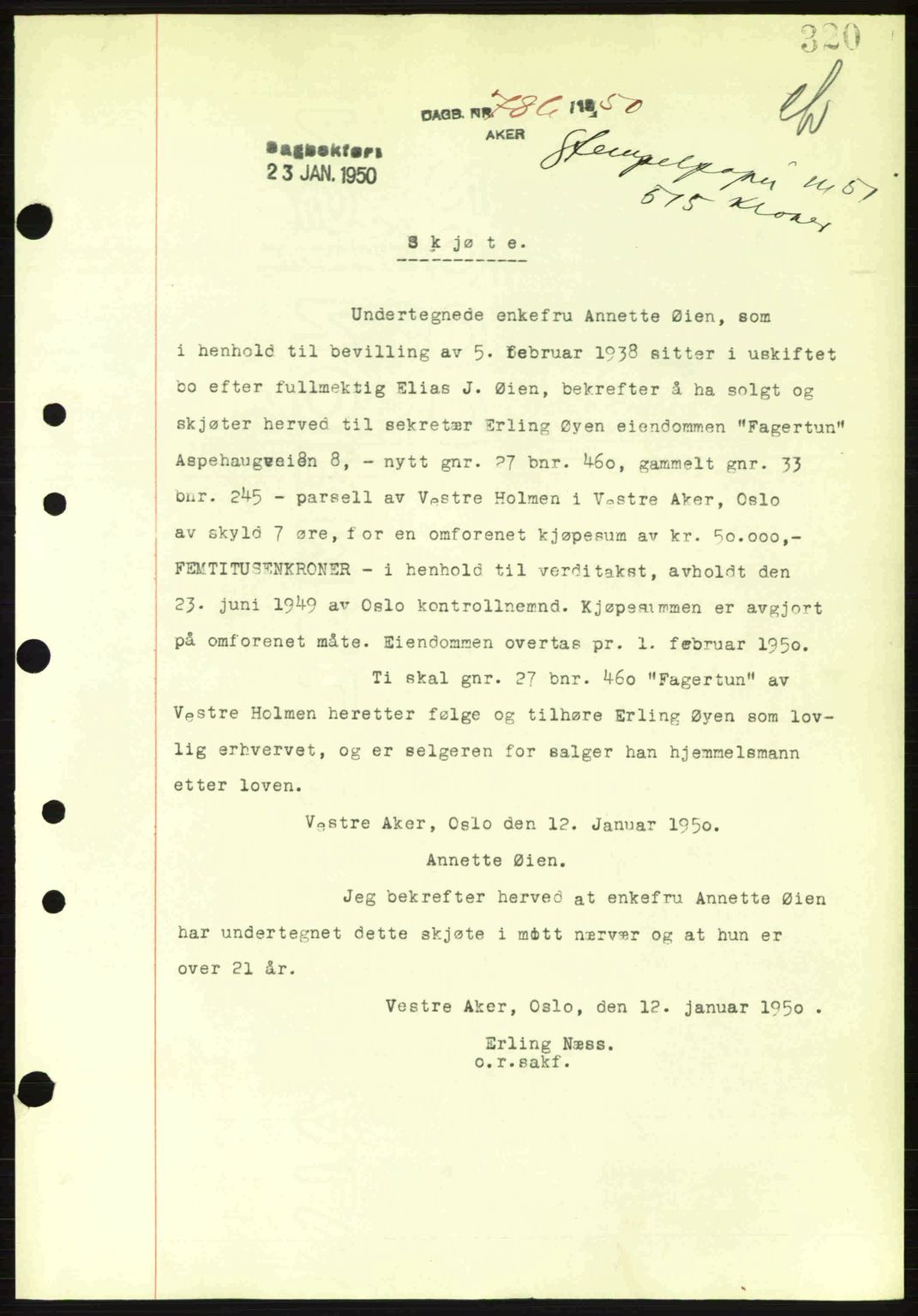 Oslo byskriverembete, AV/SAO-A-10227/G/Gb/Gbd/Gbda/L0017: Mortgage book no. A215, 1949-1950, Diary no: : 786/1950