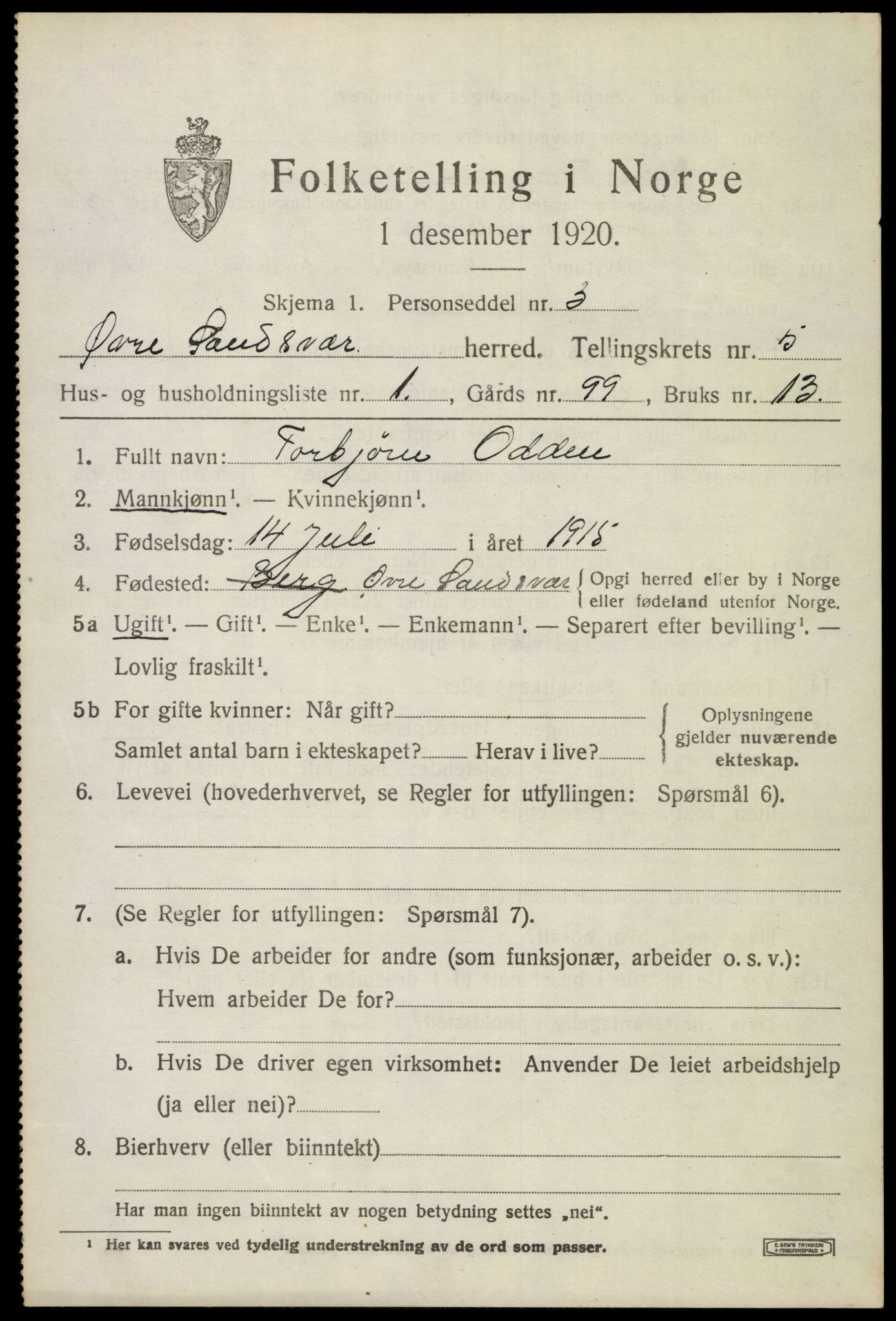 SAKO, 1920 census for Øvre Sandsvær, 1920, p. 2842