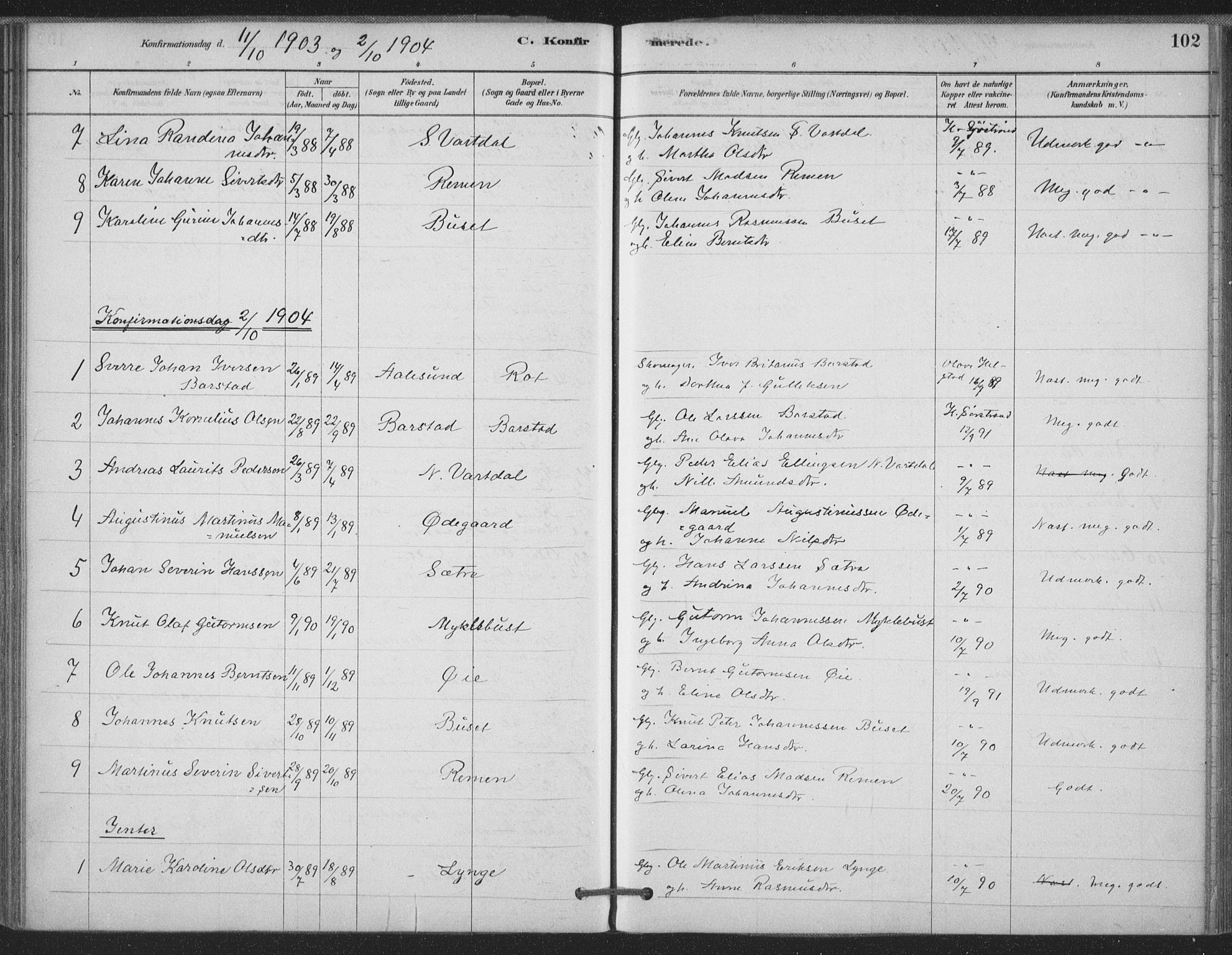 Ministerialprotokoller, klokkerbøker og fødselsregistre - Møre og Romsdal, AV/SAT-A-1454/514/L0199: Parish register (official) no. 514A01, 1878-1912, p. 102