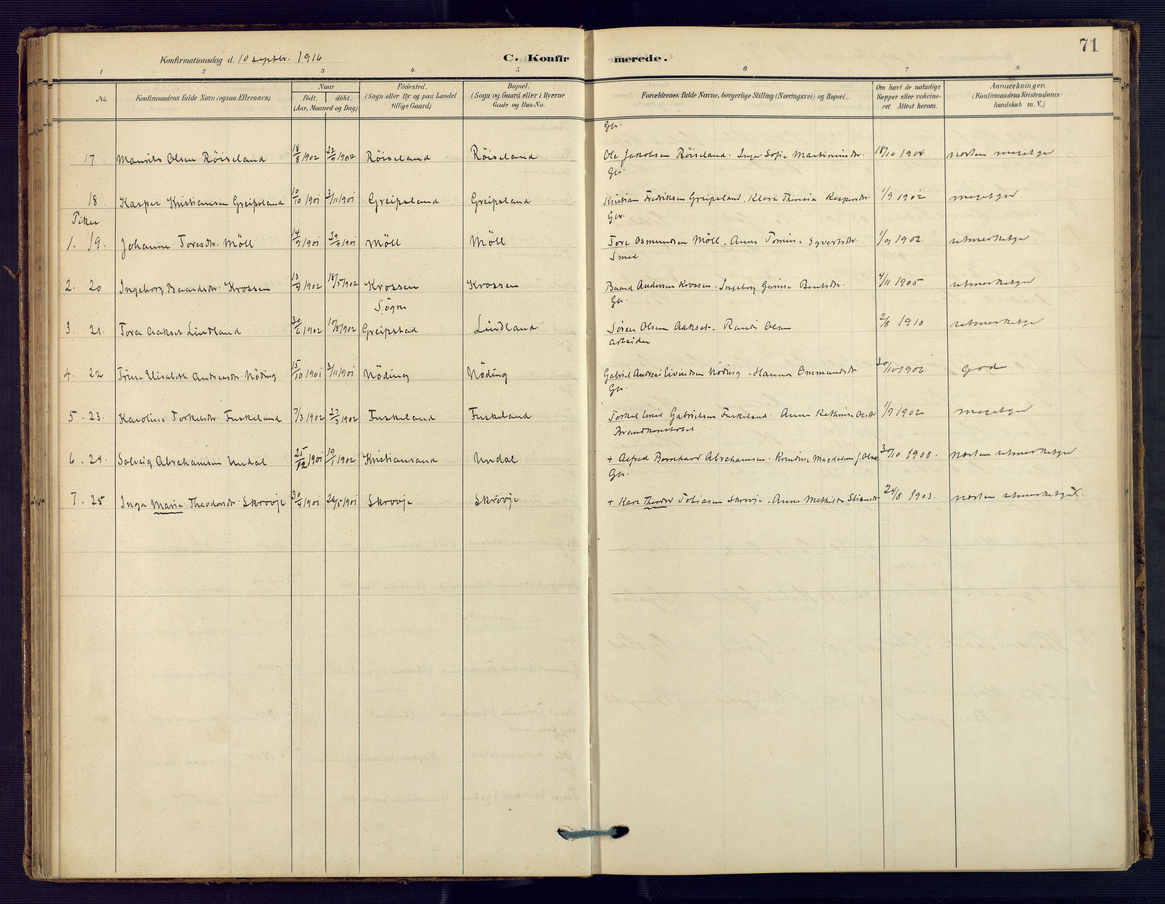Holum sokneprestkontor, SAK/1111-0022/F/Fa/Faa/L0008: Parish register (official) no. A 8, 1908-1929, p. 71