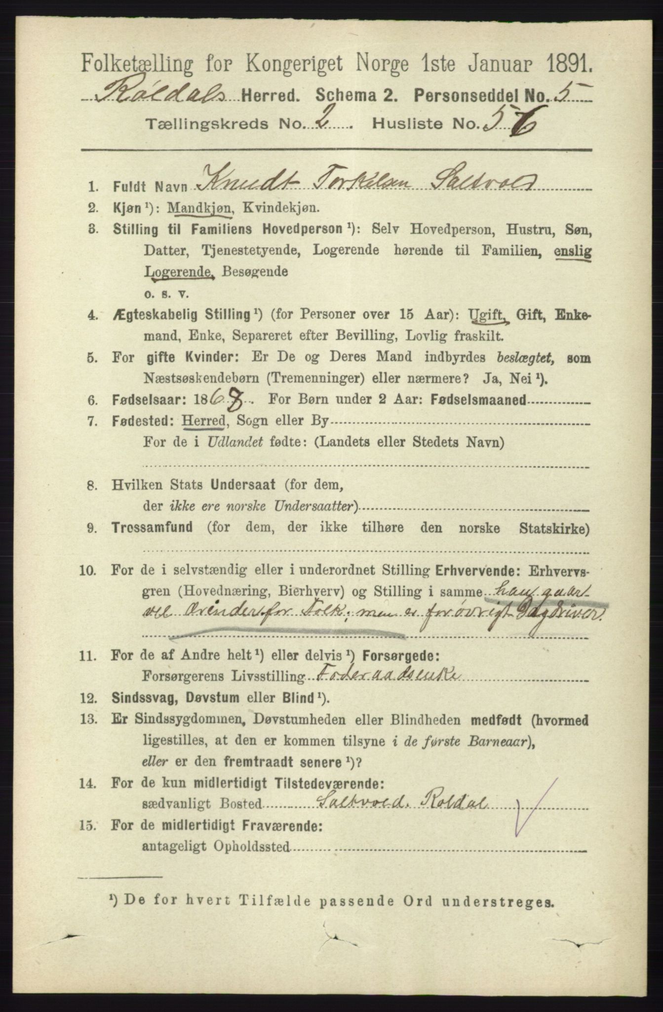 RA, 1891 census for 1229 Røldal, 1891, p. 843