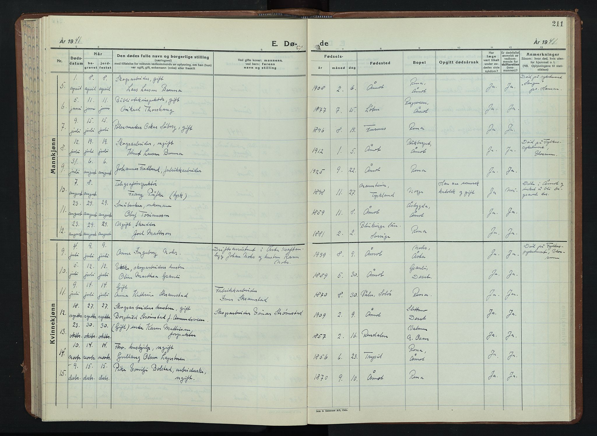 Åmot prestekontor, Hedmark, AV/SAH-PREST-056/H/Ha/Hab/L0008: Parish register (copy) no. 8, 1938-1947, p. 211