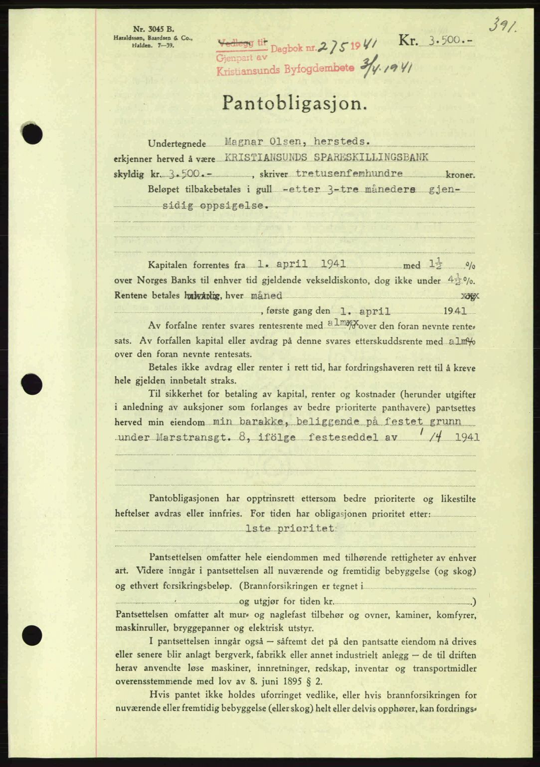 Kristiansund byfogd, AV/SAT-A-4587/A/27: Mortgage book no. 33, 1939-1941, Diary no: : 275/1941