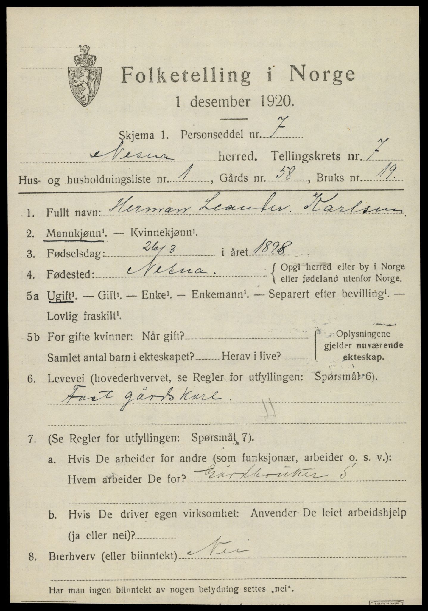 SAT, 1920 census for Nesna, 1920, p. 5207