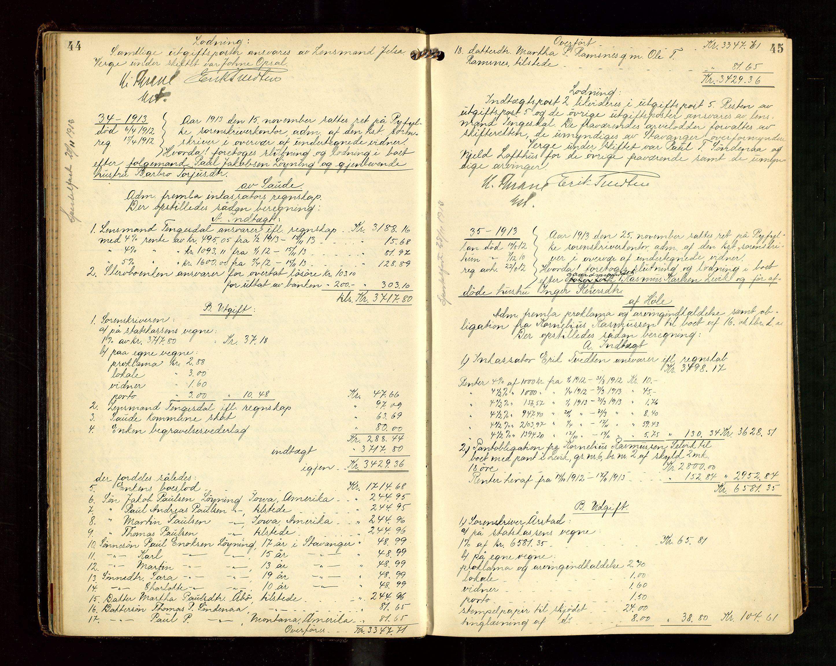 Ryfylke tingrett, AV/SAST-A-100055/001/IV/IVG/L0004: Skifteutlodningsprotokoll Med register, 1912-1918, p. 44-45