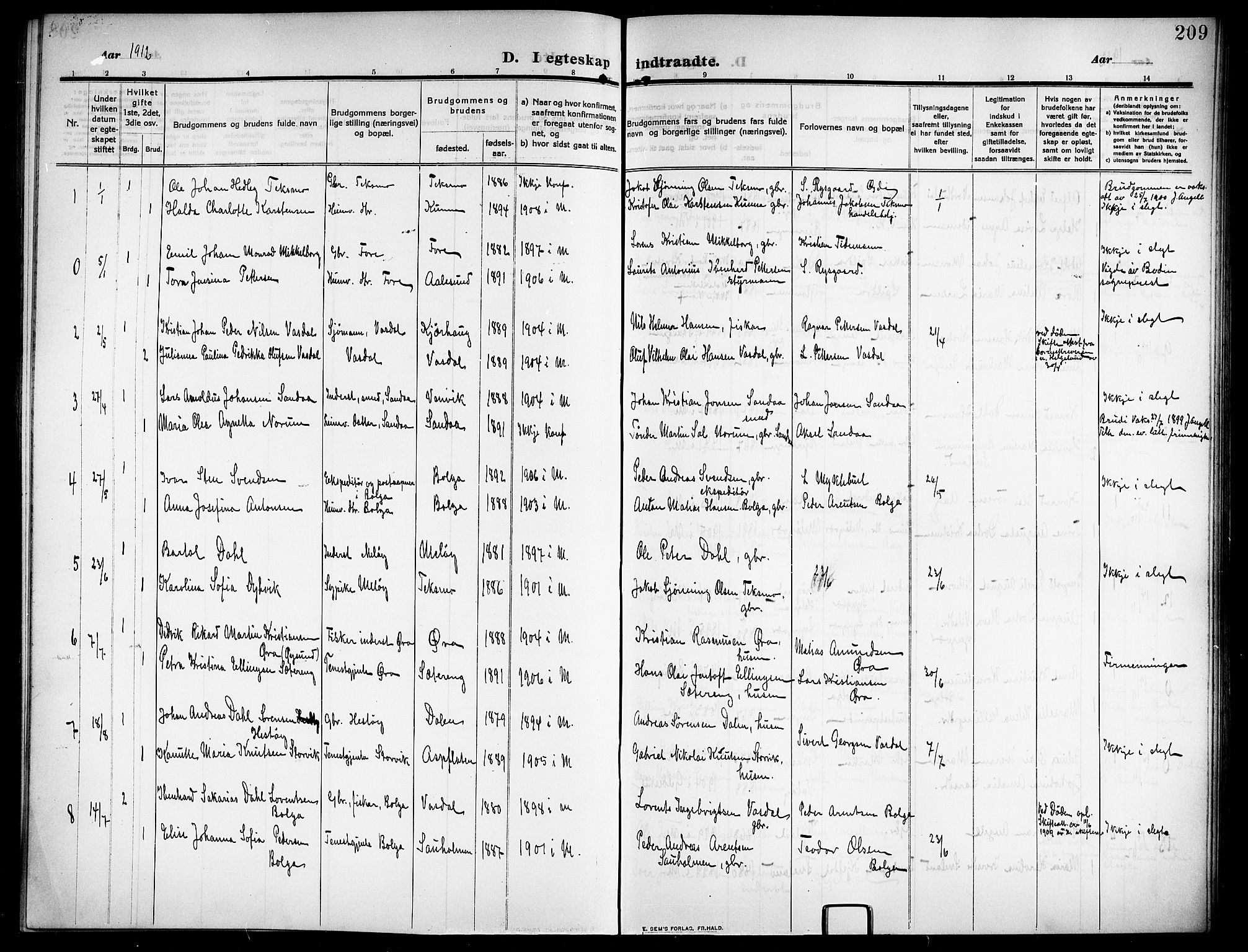 Ministerialprotokoller, klokkerbøker og fødselsregistre - Nordland, AV/SAT-A-1459/843/L0639: Parish register (copy) no. 843C08, 1908-1924, p. 209