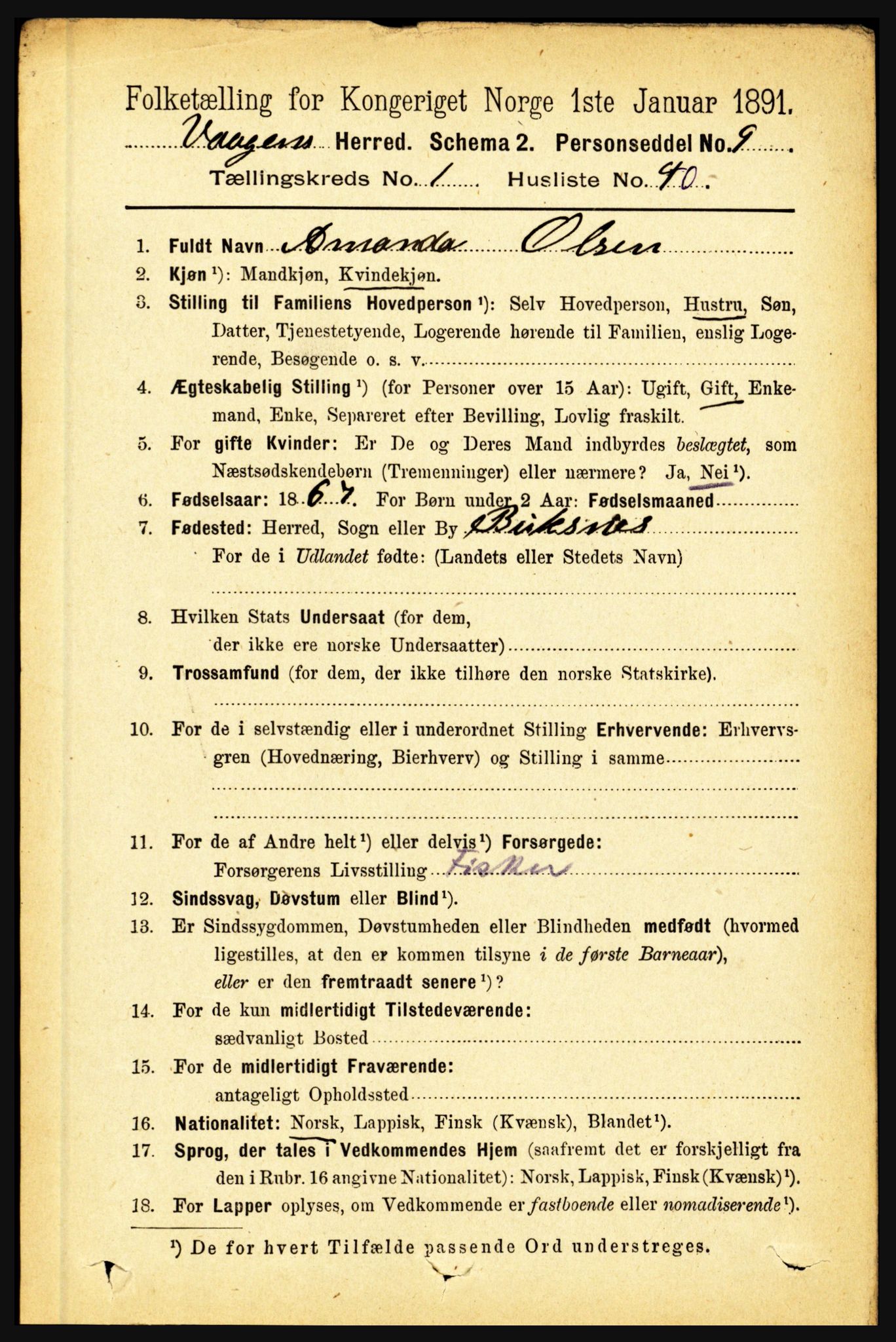 RA, 1891 census for 1865 Vågan, 1891, p. 374