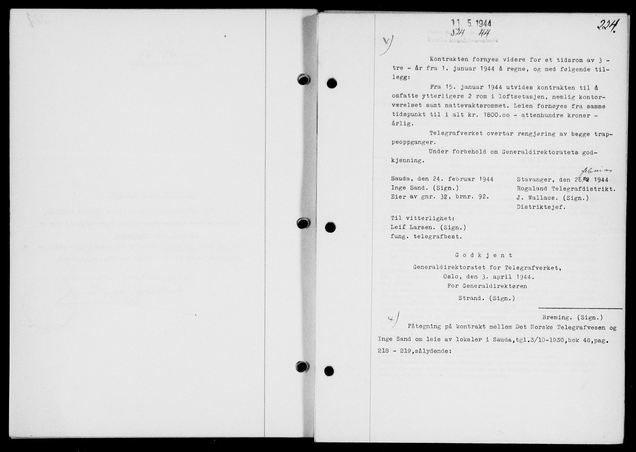 Ryfylke tingrett, SAST/A-100055/001/II/IIB/L0090: Mortgage book no. 69, 1943-1945, Diary no: : 524/1944