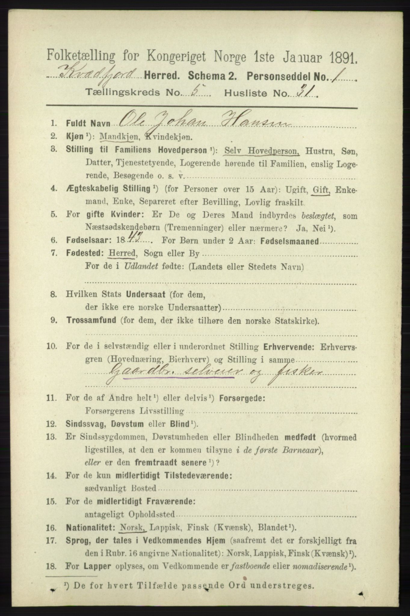 RA, 1891 census for 1911 Kvæfjord, 1891, p. 3050