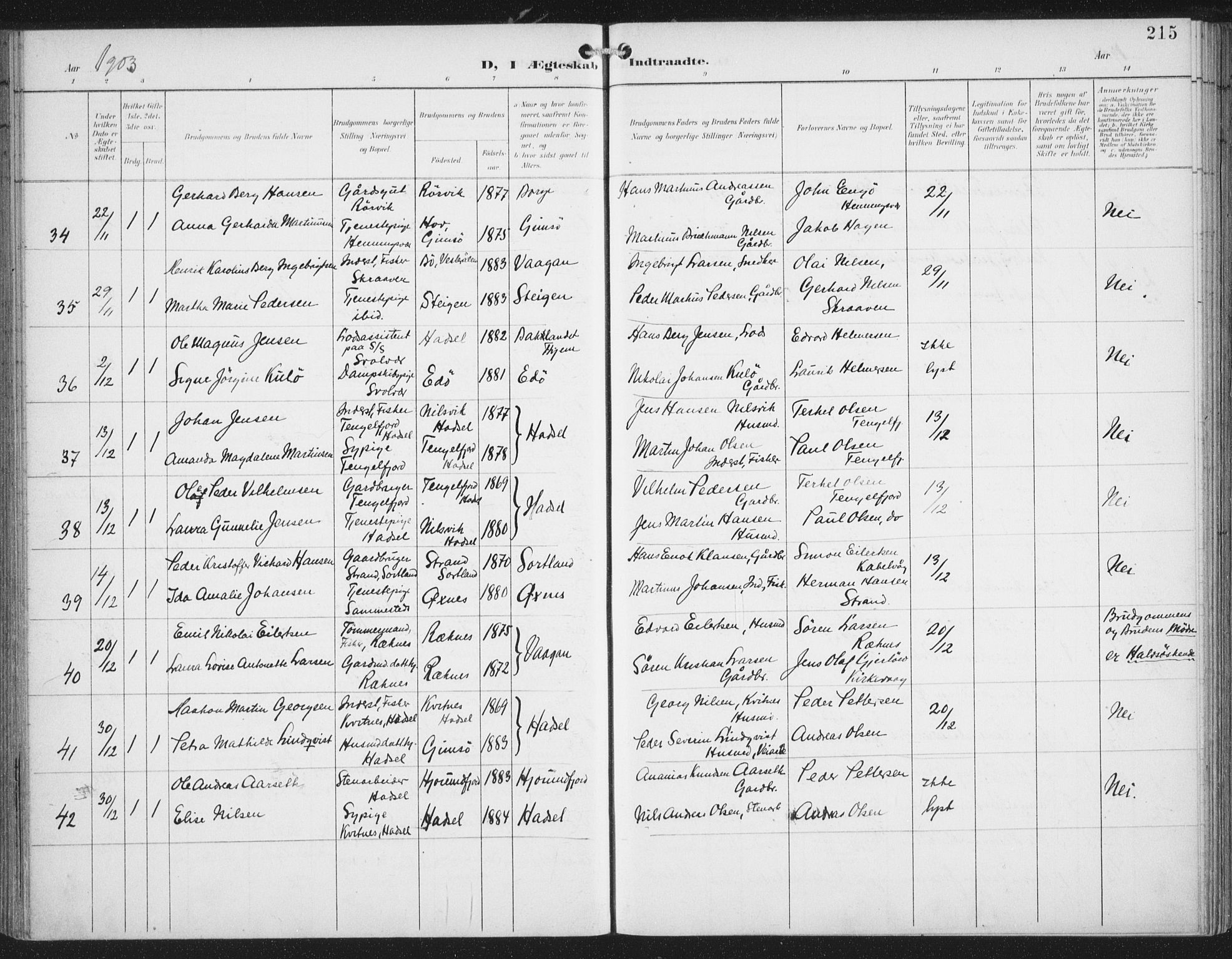 Ministerialprotokoller, klokkerbøker og fødselsregistre - Nordland, SAT/A-1459/874/L1062: Parish register (official) no. 874A06, 1899-1907, p. 215