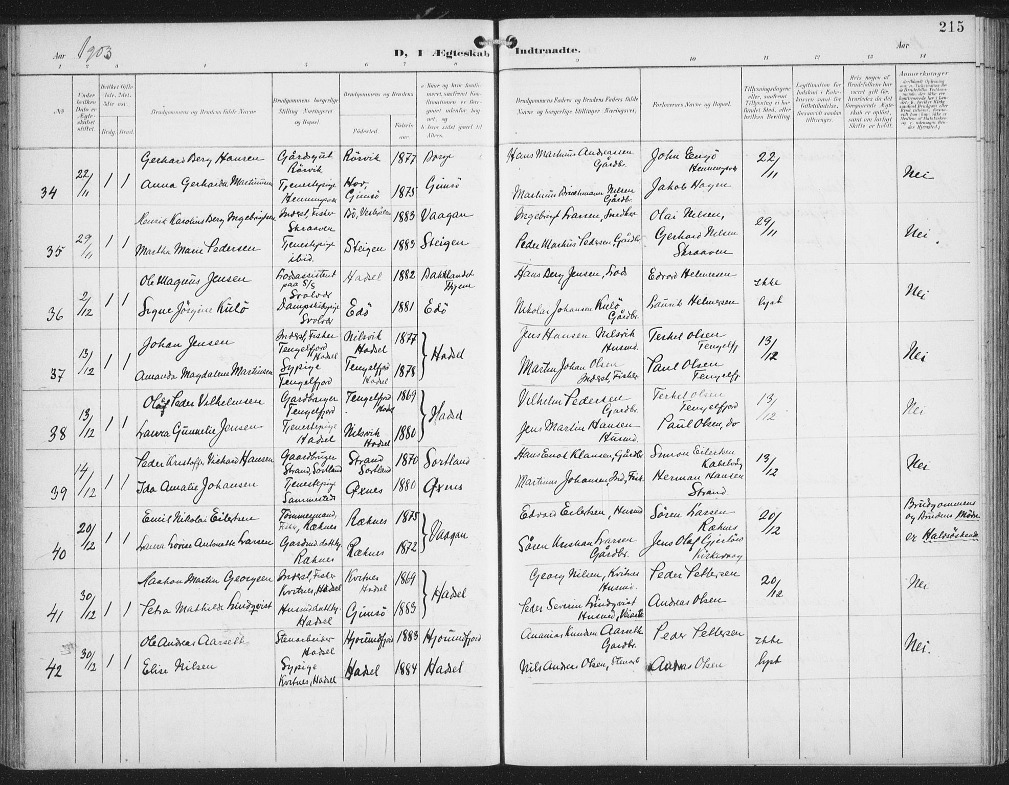 Ministerialprotokoller, klokkerbøker og fødselsregistre - Nordland, AV/SAT-A-1459/874/L1062: Parish register (official) no. 874A06, 1899-1907, p. 215