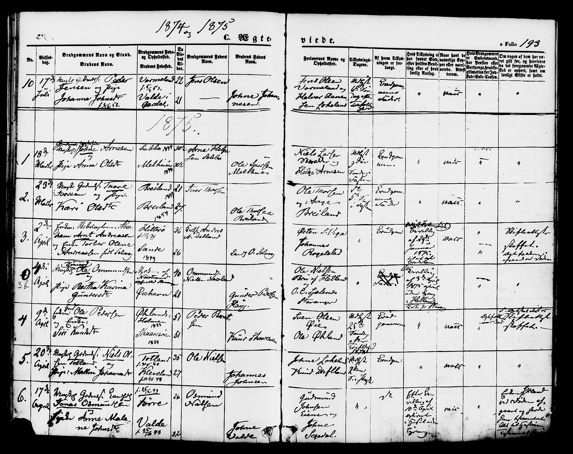 Hjelmeland sokneprestkontor, SAST/A-101843/01/IV/L0011: Parish register (official) no. A 11, 1861-1878, p. 193