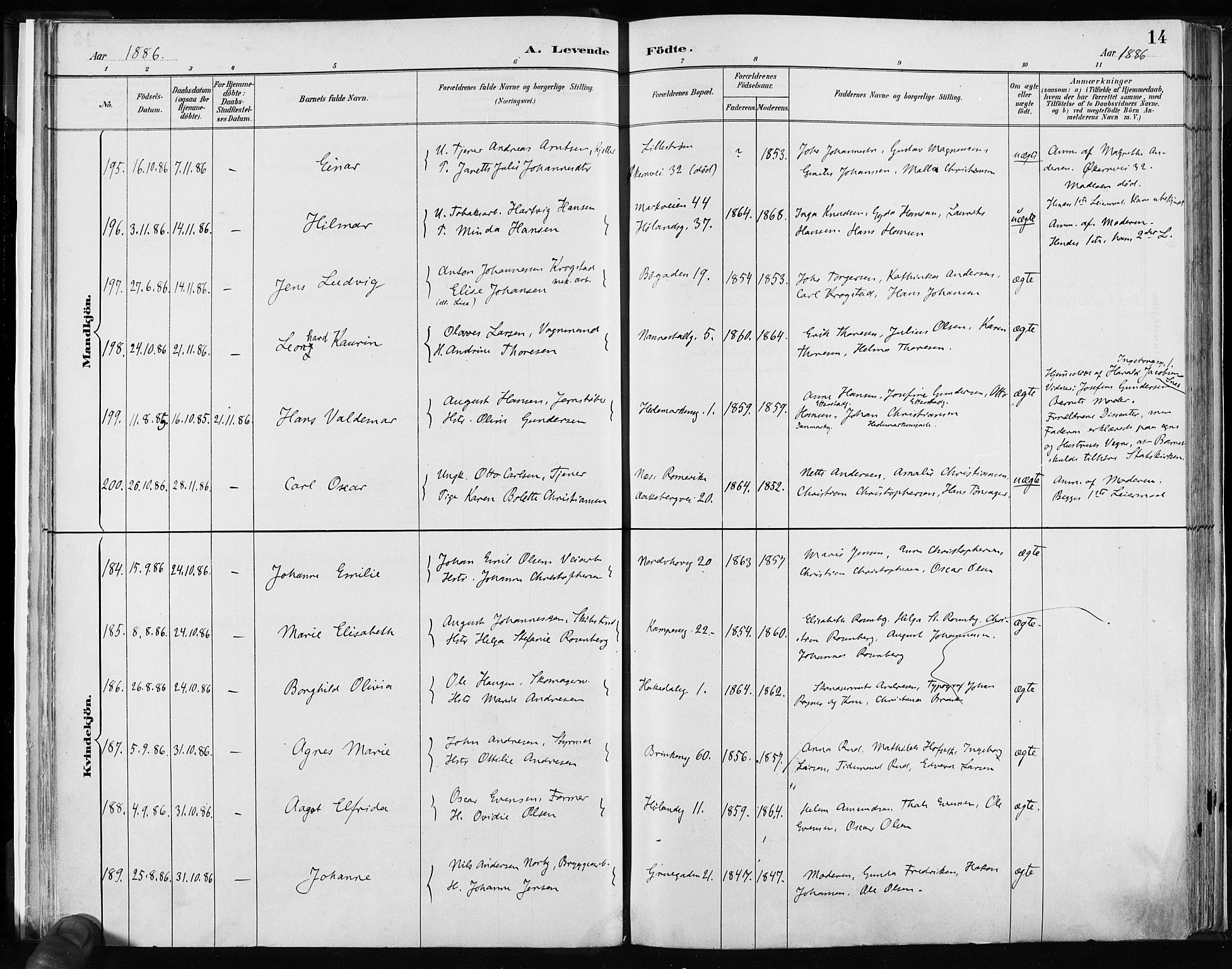 Kampen prestekontor Kirkebøker, AV/SAO-A-10853/F/Fa/L0003: Parish register (official) no. I 3, 1886-1892, p. 14