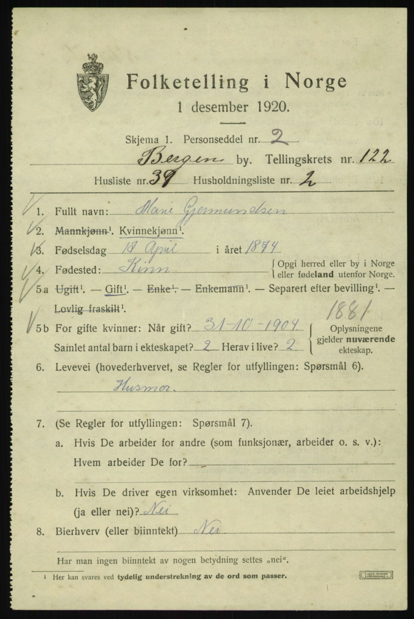 SAB, 1920 census for Bergen, 1920, p. 206428