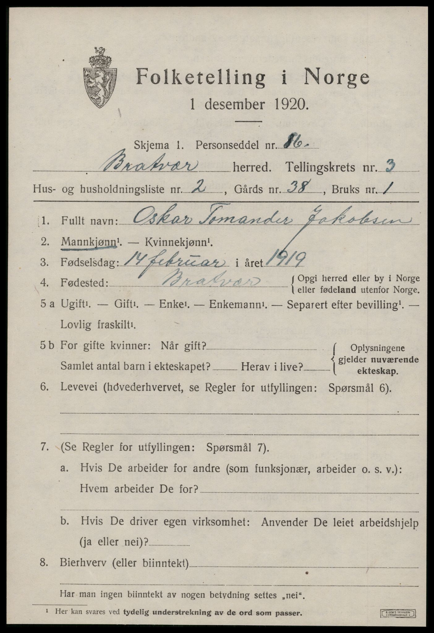 SAT, 1920 census for Brattvær, 1920, p. 1190
