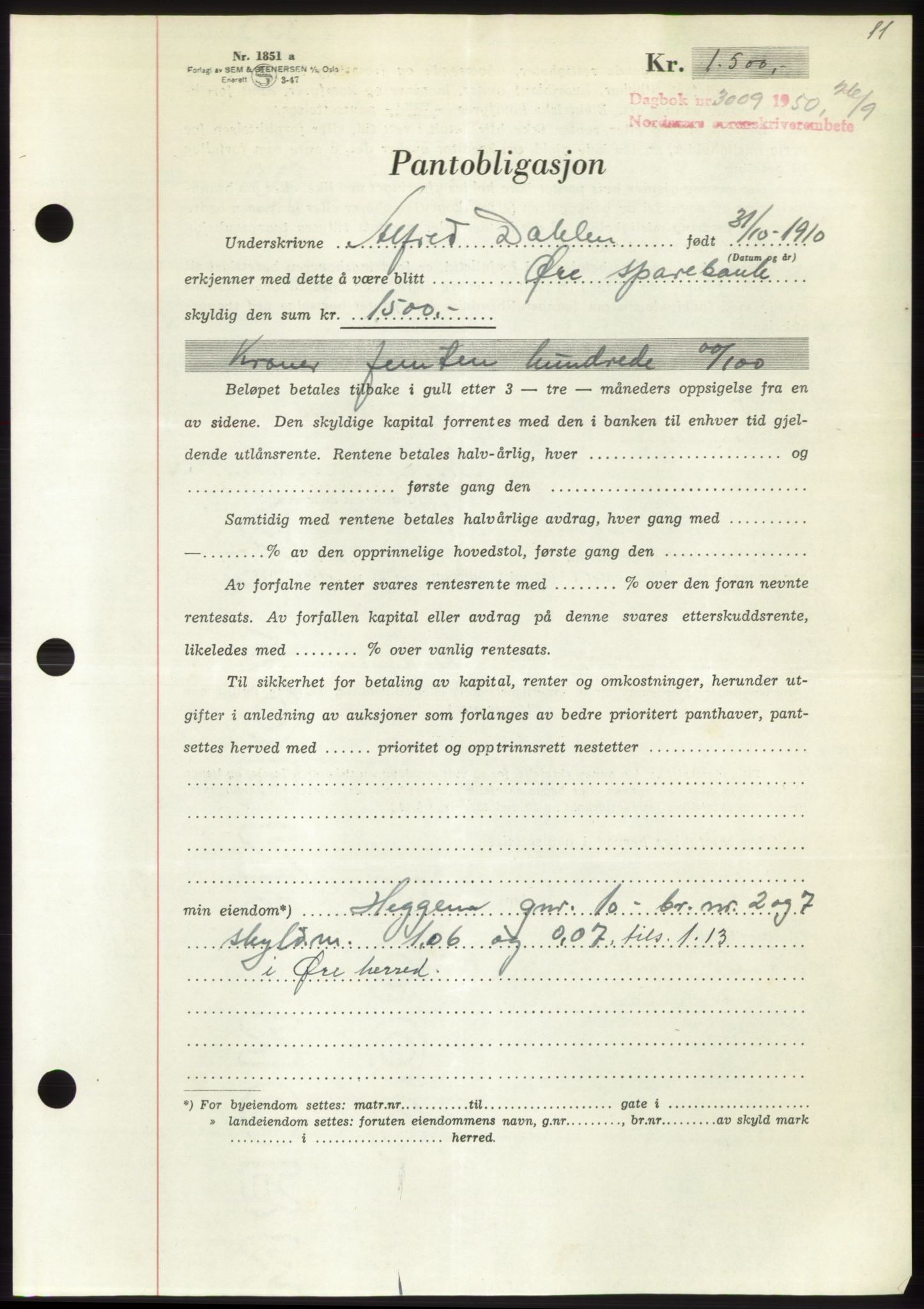 Nordmøre sorenskriveri, AV/SAT-A-4132/1/2/2Ca: Mortgage book no. B106, 1950-1950, Diary no: : 3009/1950