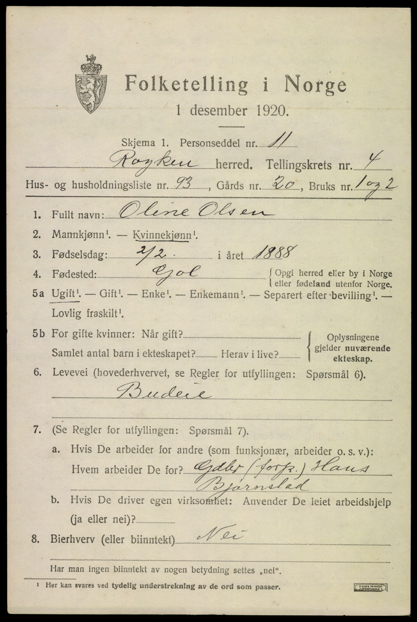 SAKO, 1920 census for Røyken, 1920, p. 6652