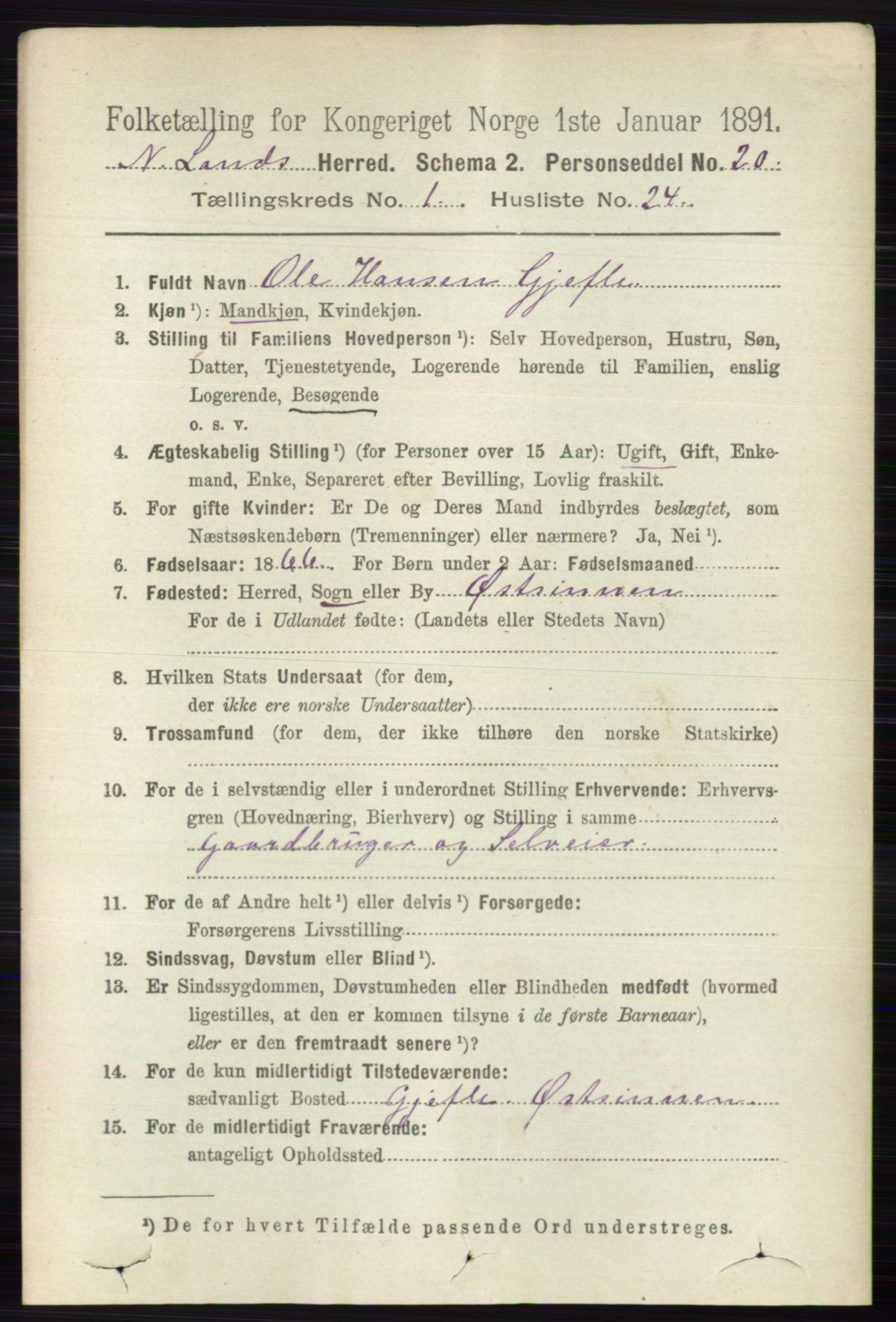 RA, 1891 census for 0538 Nordre Land, 1891, p. 267