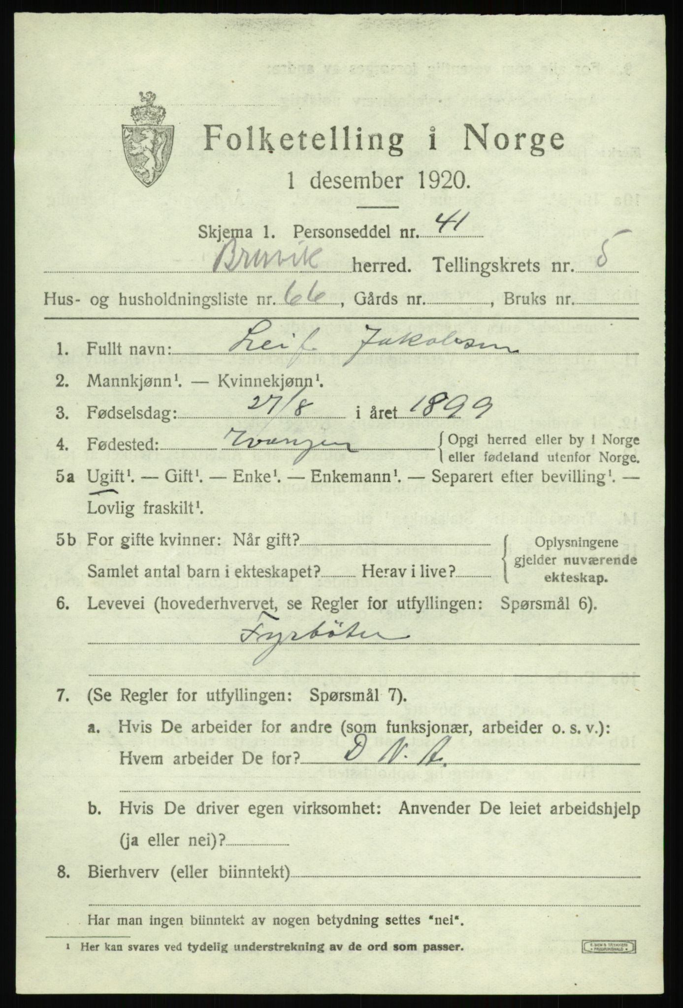 SAB, 1920 census for Bruvik, 1920, p. 3880