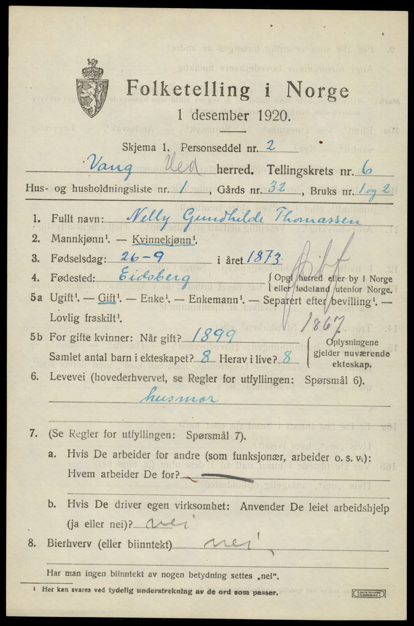 SAH, 1920 census for Vang (Hedmark), 1920, p. 15041