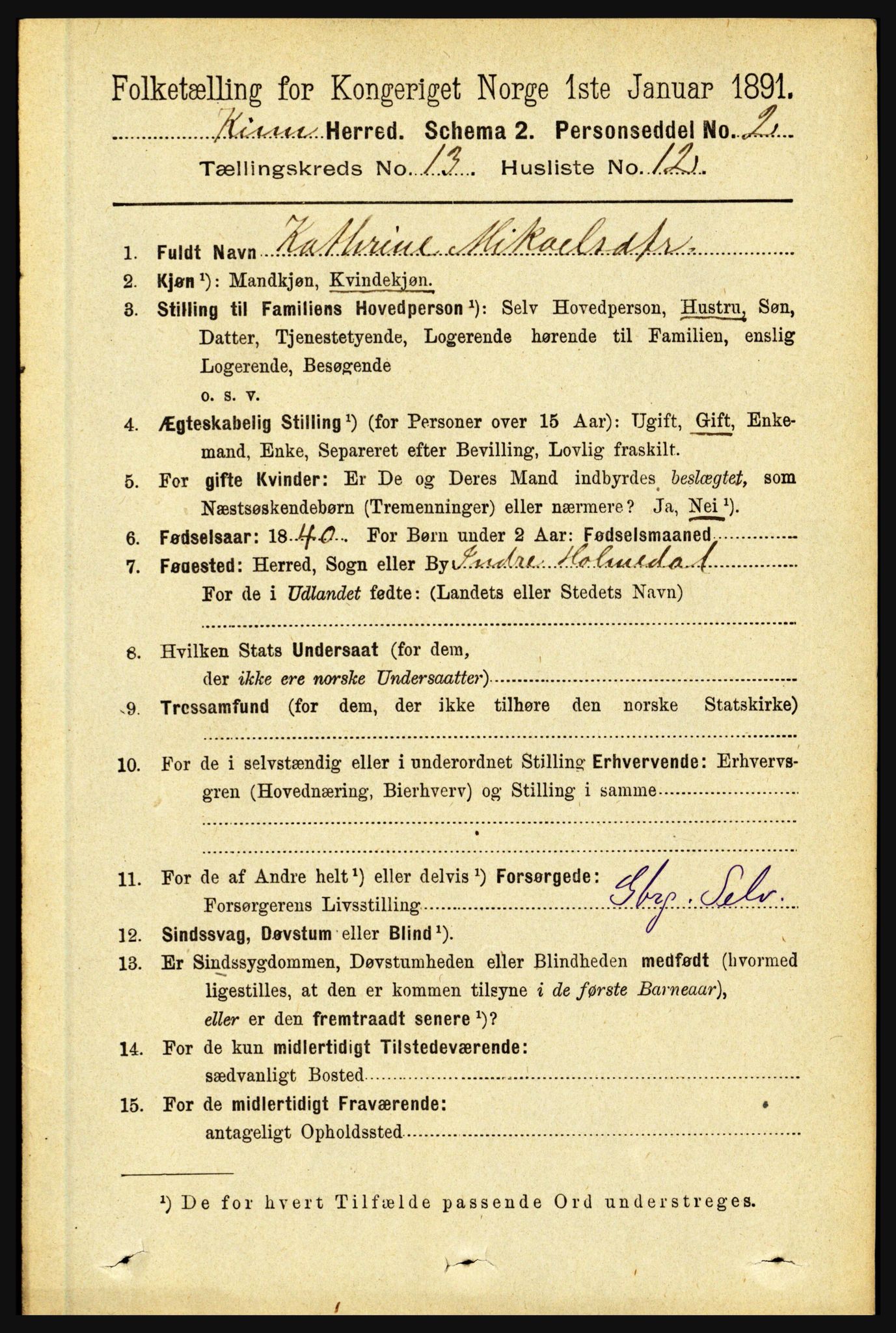 RA, 1891 census for 1437 Kinn, 1891, p. 5139