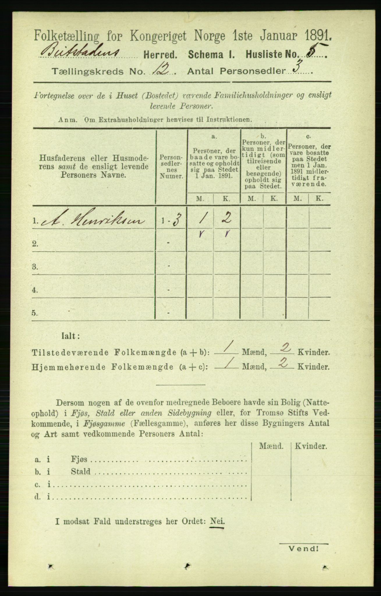 RA, 1891 census for 1727 Beitstad, 1891, p. 3330