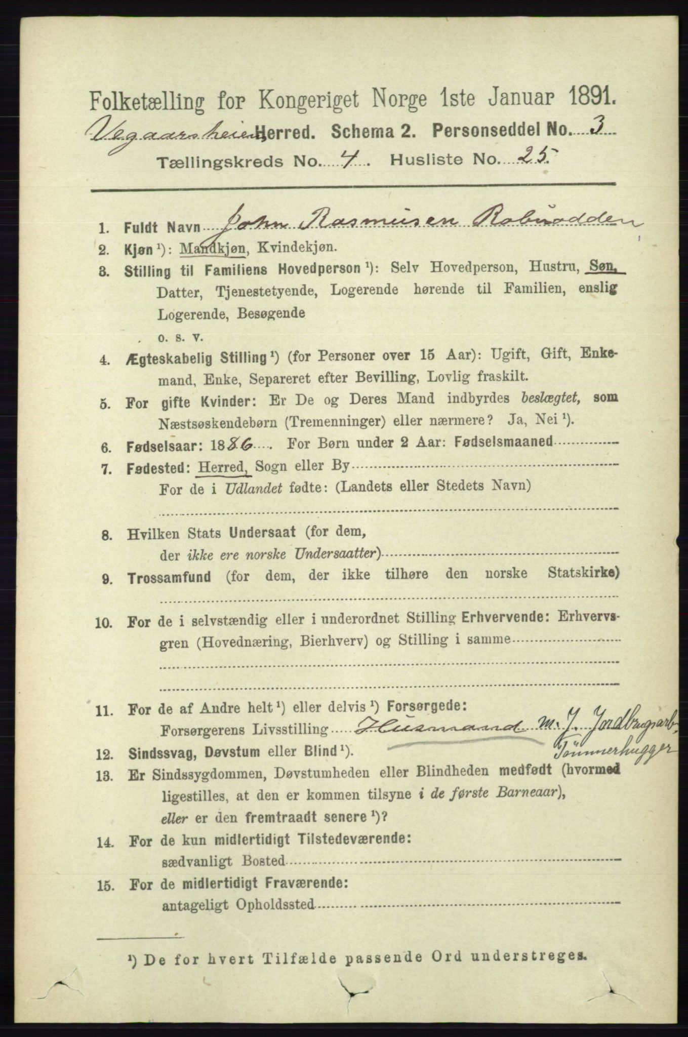 RA, 1891 census for 0912 Vegårshei, 1891, p. 930