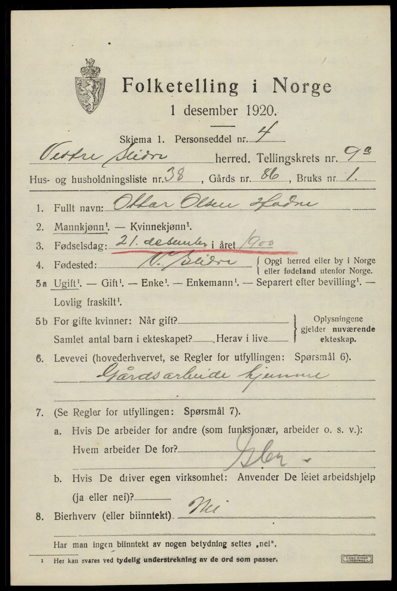 SAH, 1920 census for Vestre Slidre, 1920, p. 5386