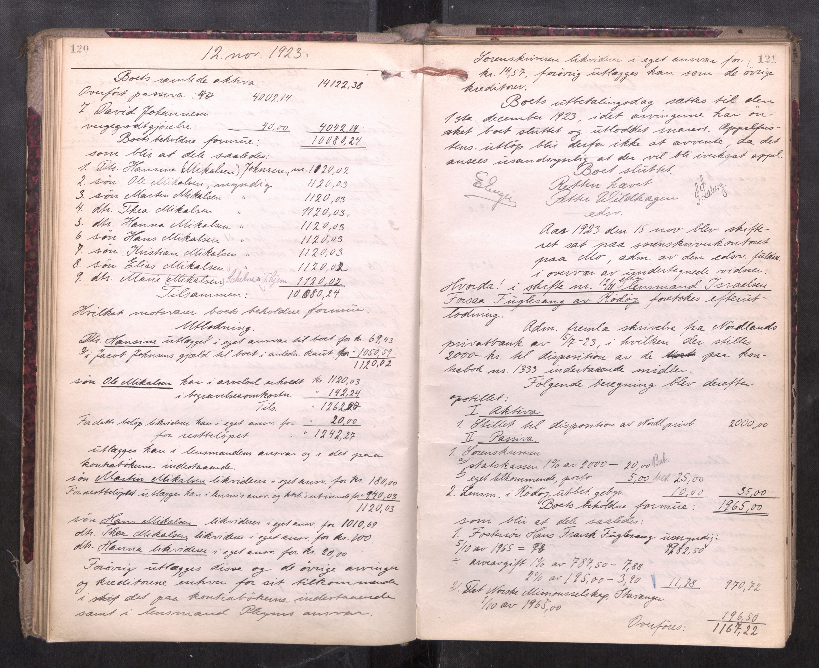 Rana sorenskriveri , AV/SAT-A-1108/1/3/3A/L0010: Skifteslutningsprotokoll, 1921-1927, p. 120-121