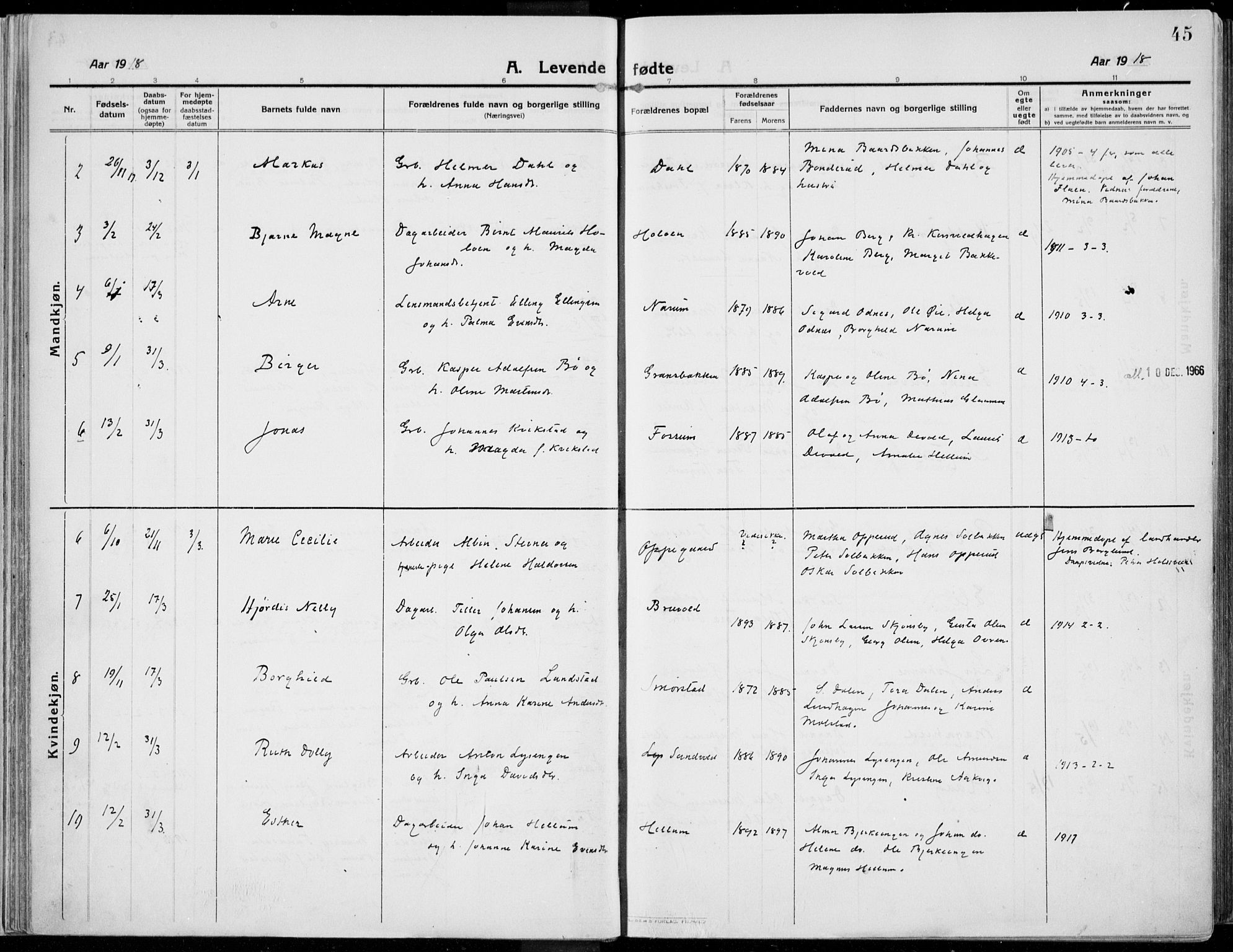 Kolbu prestekontor, SAH/PREST-110/H/Ha/Haa/L0002: Parish register (official) no. 2, 1912-1926, p. 45