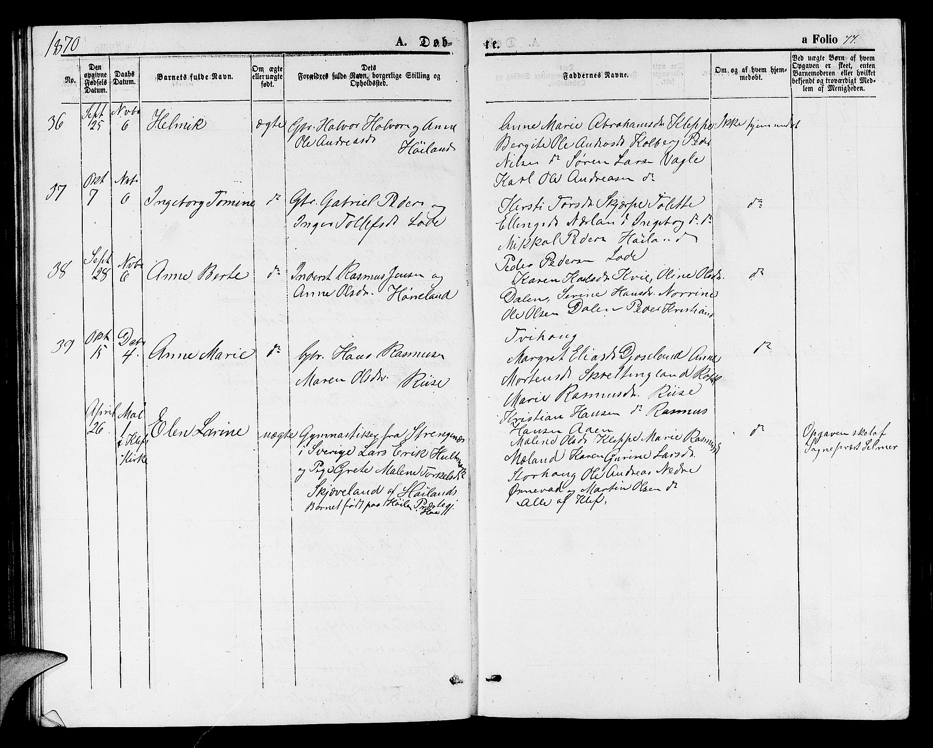 Hå sokneprestkontor, AV/SAST-A-101801/001/30BB/L0001: Parish register (copy) no. B 1, 1854-1883, p. 77