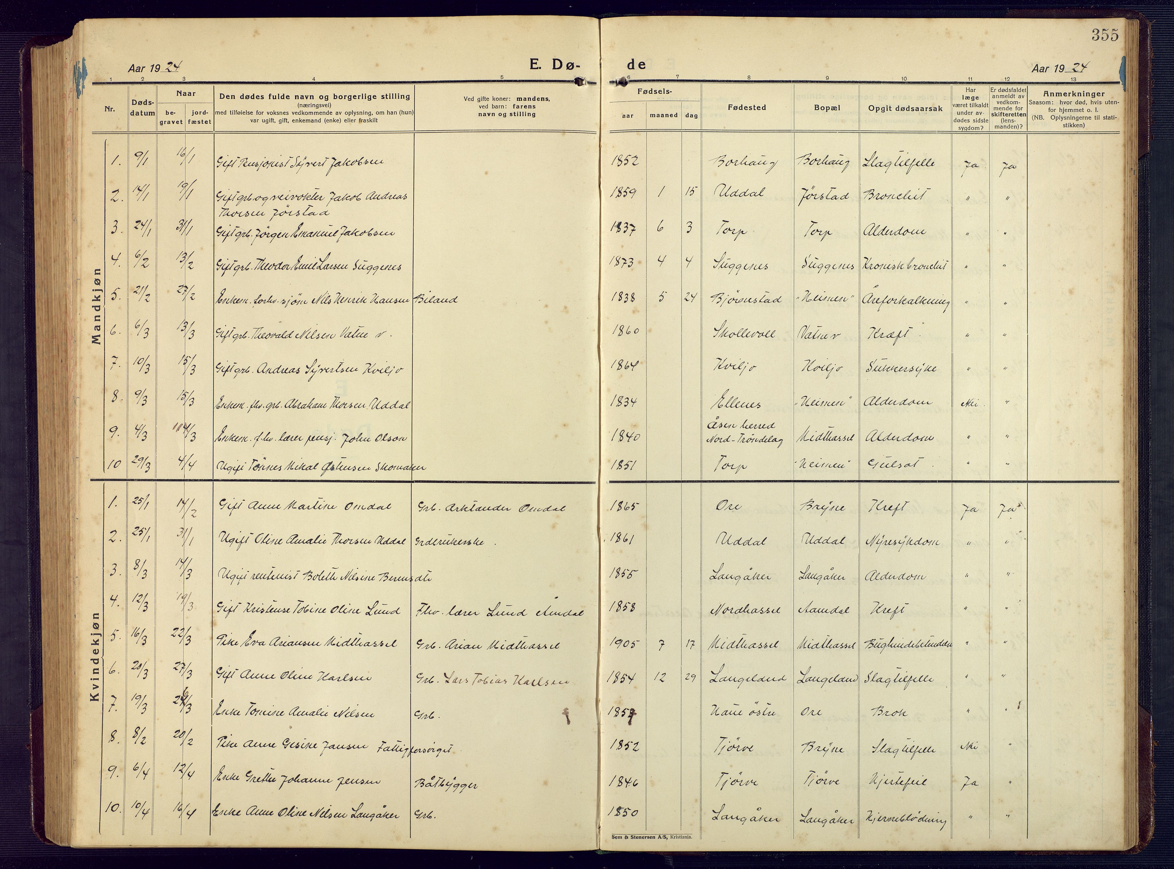Lista sokneprestkontor, SAK/1111-0027/F/Fb/L0006: Parish register (copy) no. B 6, 1924-1947, p. 355