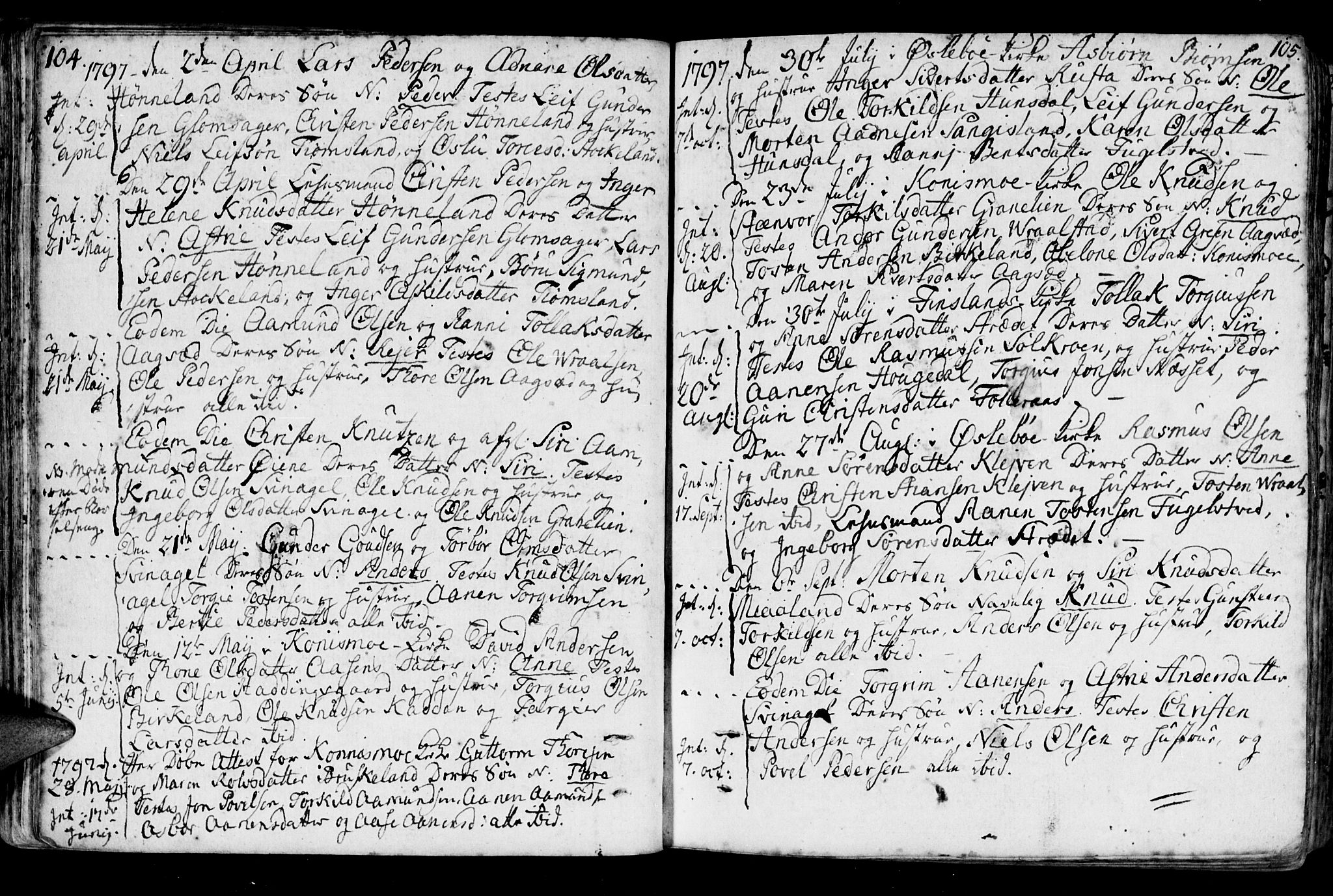 Holum sokneprestkontor, AV/SAK-1111-0022/F/Fa/Fab/L0004: Parish register (official) no. A 4, 1774-1847, p. 104-105