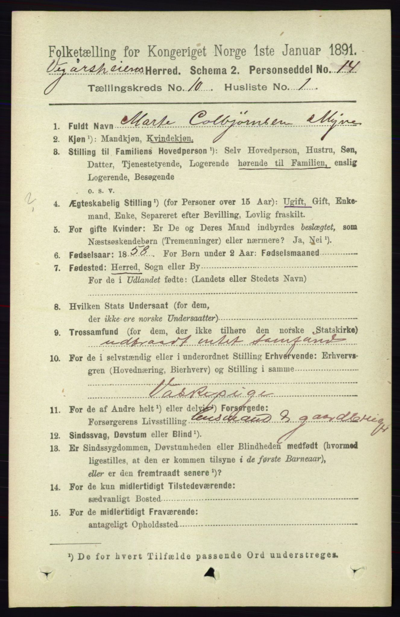 RA, 1891 census for 0912 Vegårshei, 1891, p. 1921