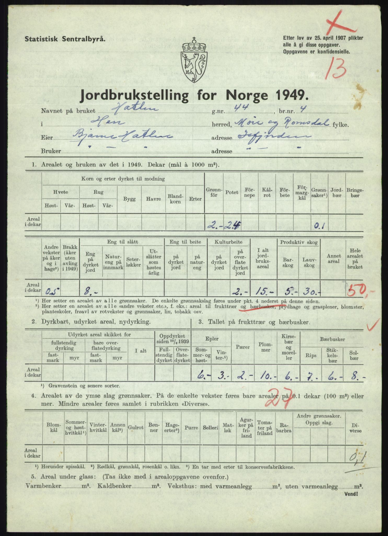 Statistisk sentralbyrå, Næringsøkonomiske emner, Jordbruk, skogbruk, jakt, fiske og fangst, AV/RA-S-2234/G/Gc/L0323: Møre og Romsdal: Grytten og Hen, 1949, p. 609