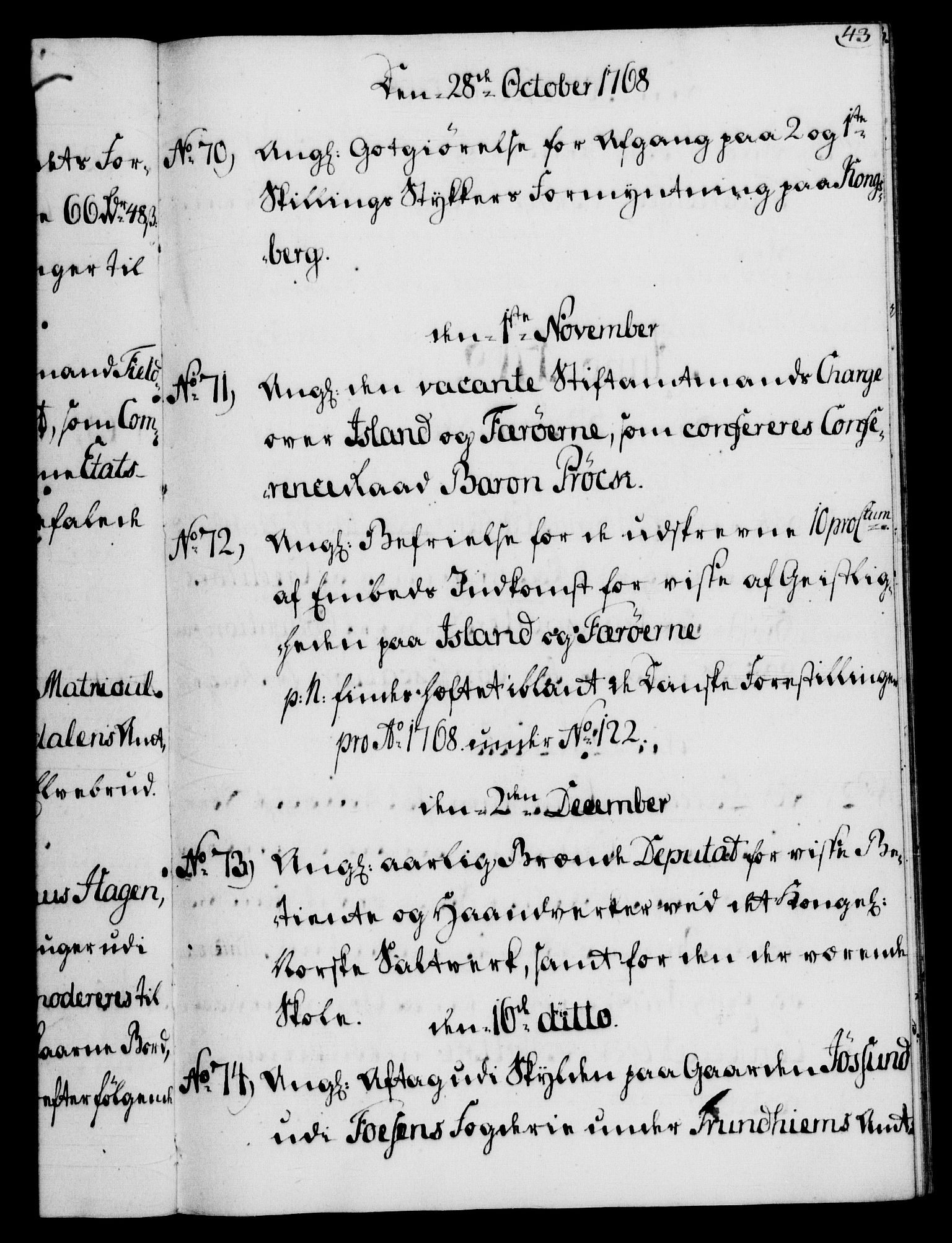 Rentekammeret, Kammerkanselliet, RA/EA-3111/G/Gf/Gfb/L0008: Register til norske relasjons- og resolusjonsprotokoller (merket RK 52.103), 1766-1771, p. 43
