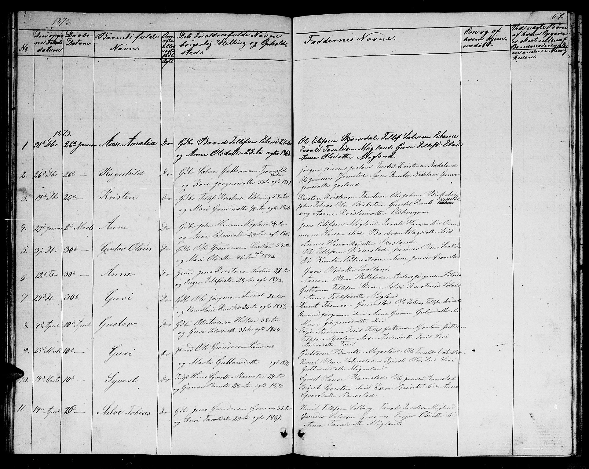 Evje sokneprestkontor, SAK/1111-0008/F/Fb/Fbc/L0002: Parish register (copy) no. B 2, 1849-1876, p. 67