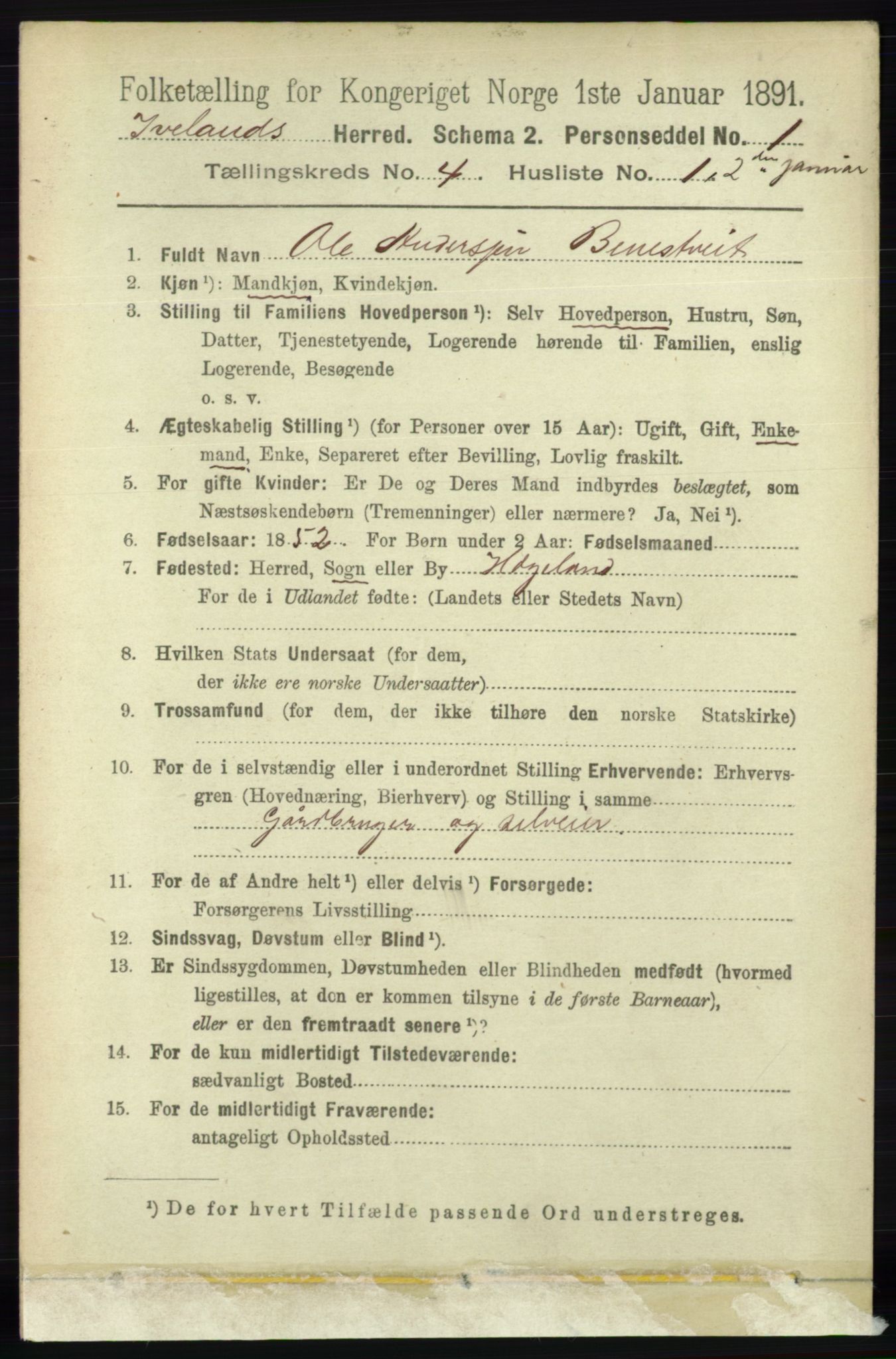 RA, 1891 census for 0935 Iveland, 1891, p. 1023